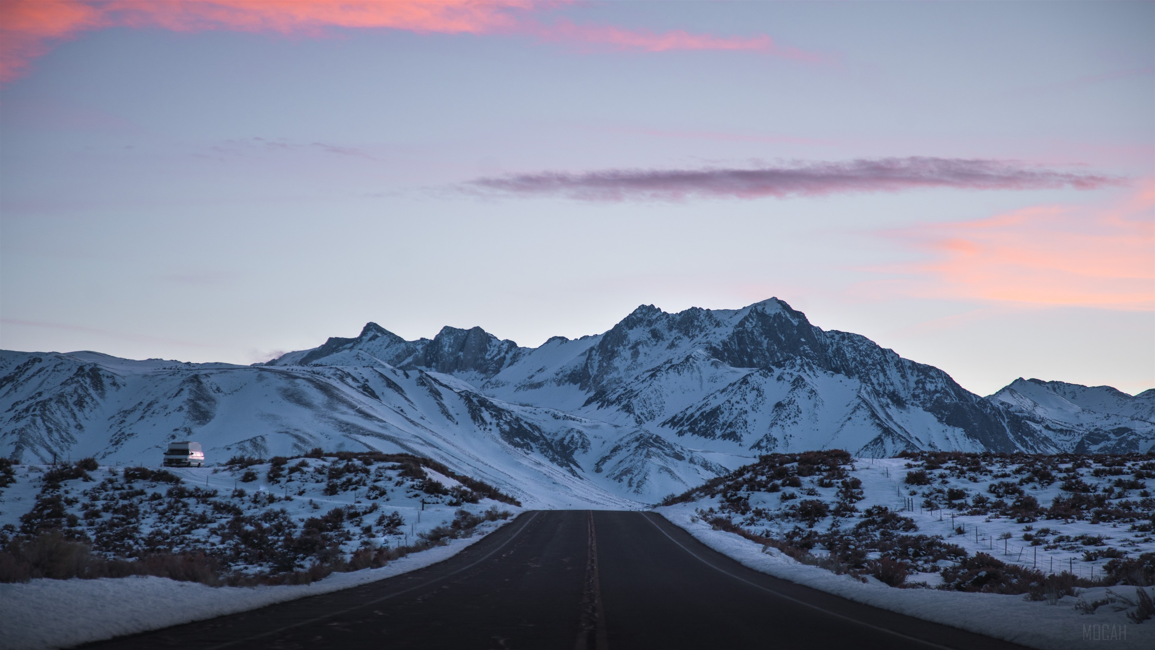 Snowy Mountain Road at Dusk 4K HD Wallpaper