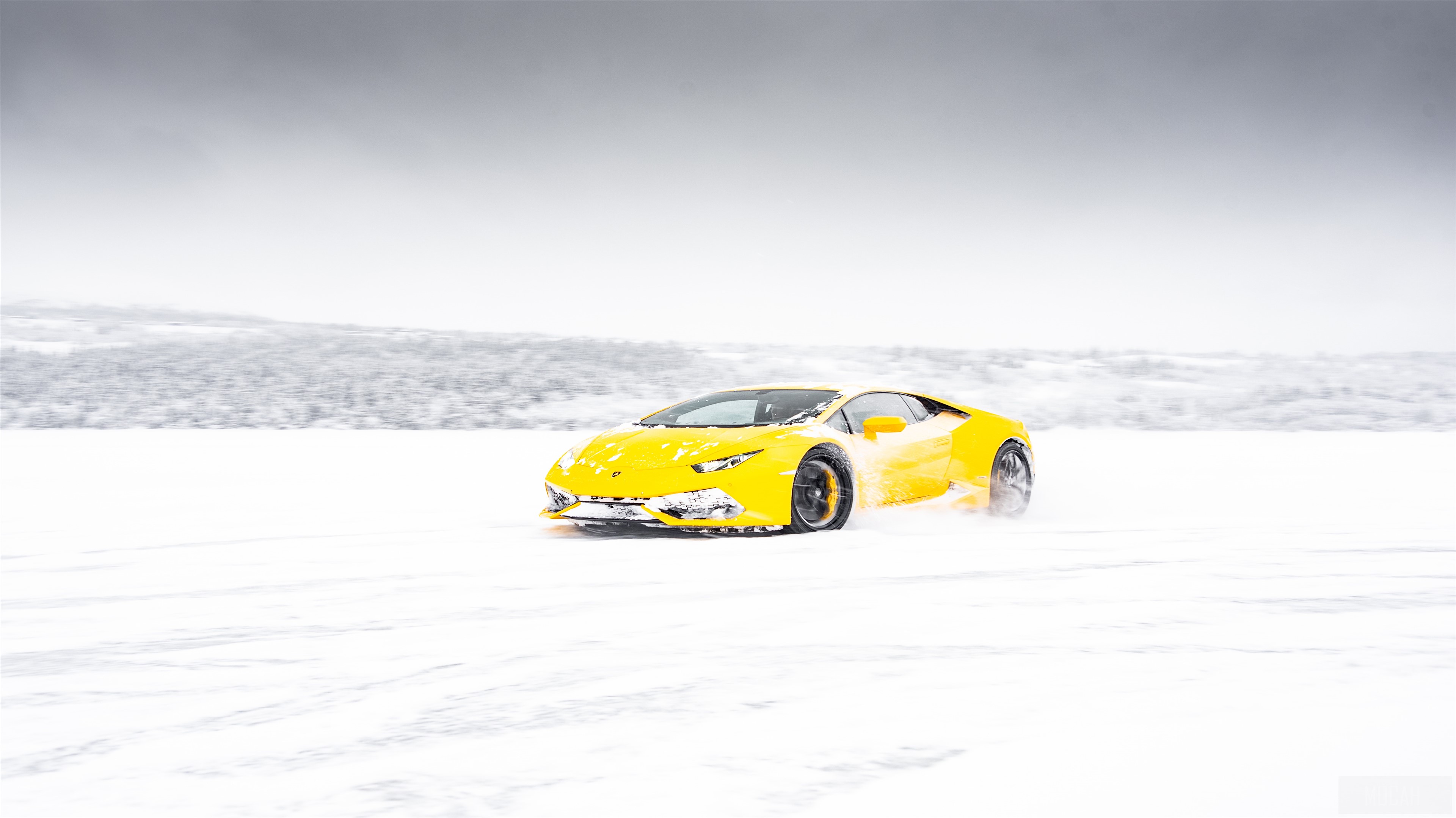 Yellow Lamborghini Aventador driving on snow HD Wallpaper