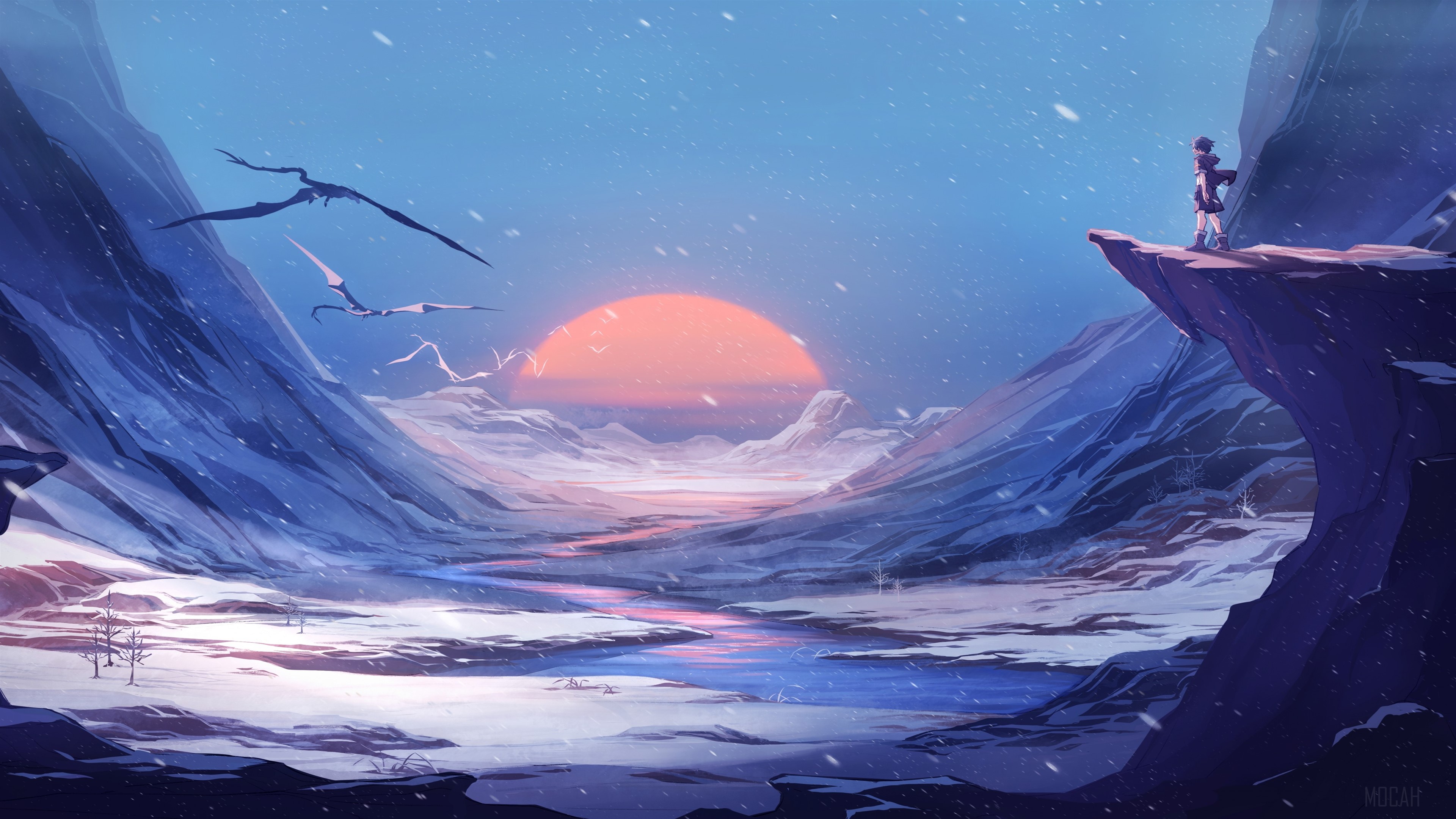 Anime Dragon Winter Landscape 4K HD Wallpaper