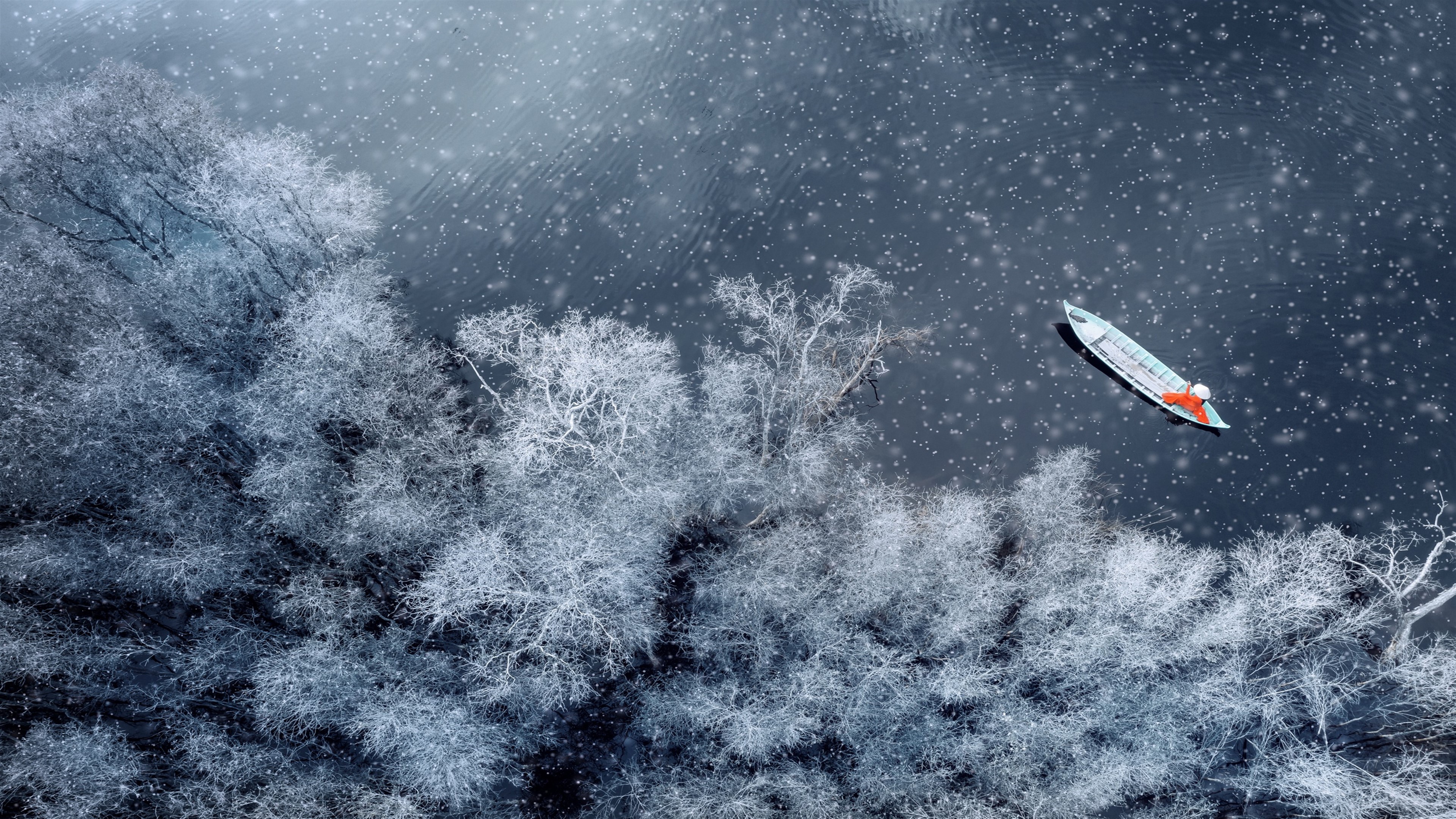 Boat in Snow Covered Forest Aerial View 4K HD Wallpaper