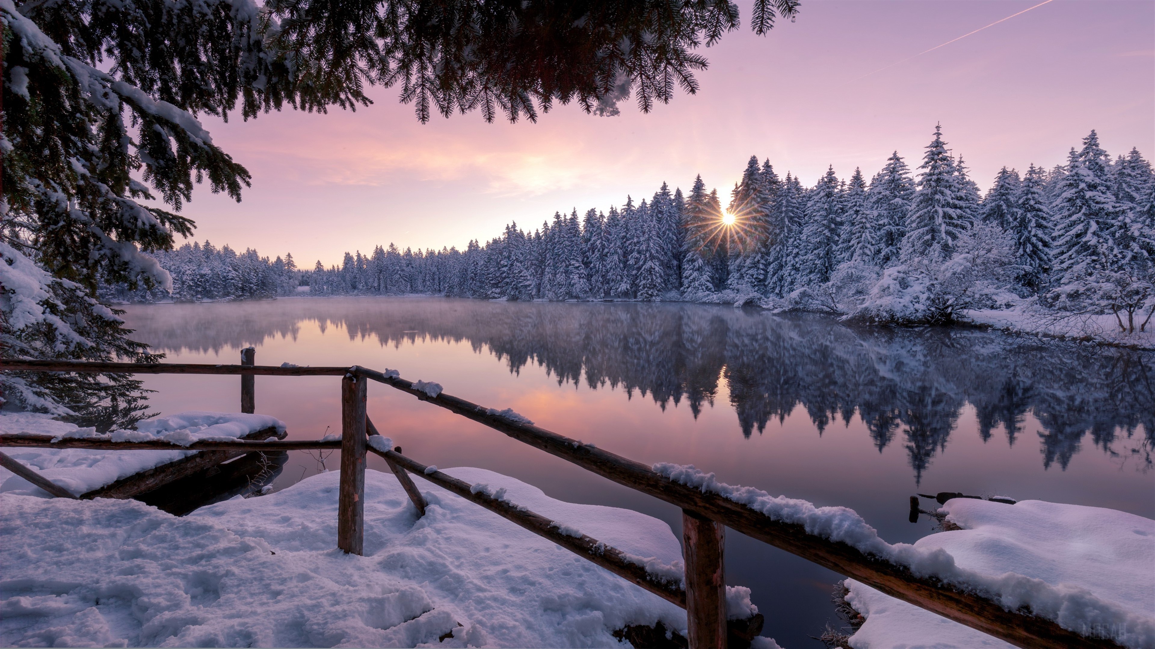 Winter Lake with Snow-Covered Trees at Sunrise 4K HD Wallpaper