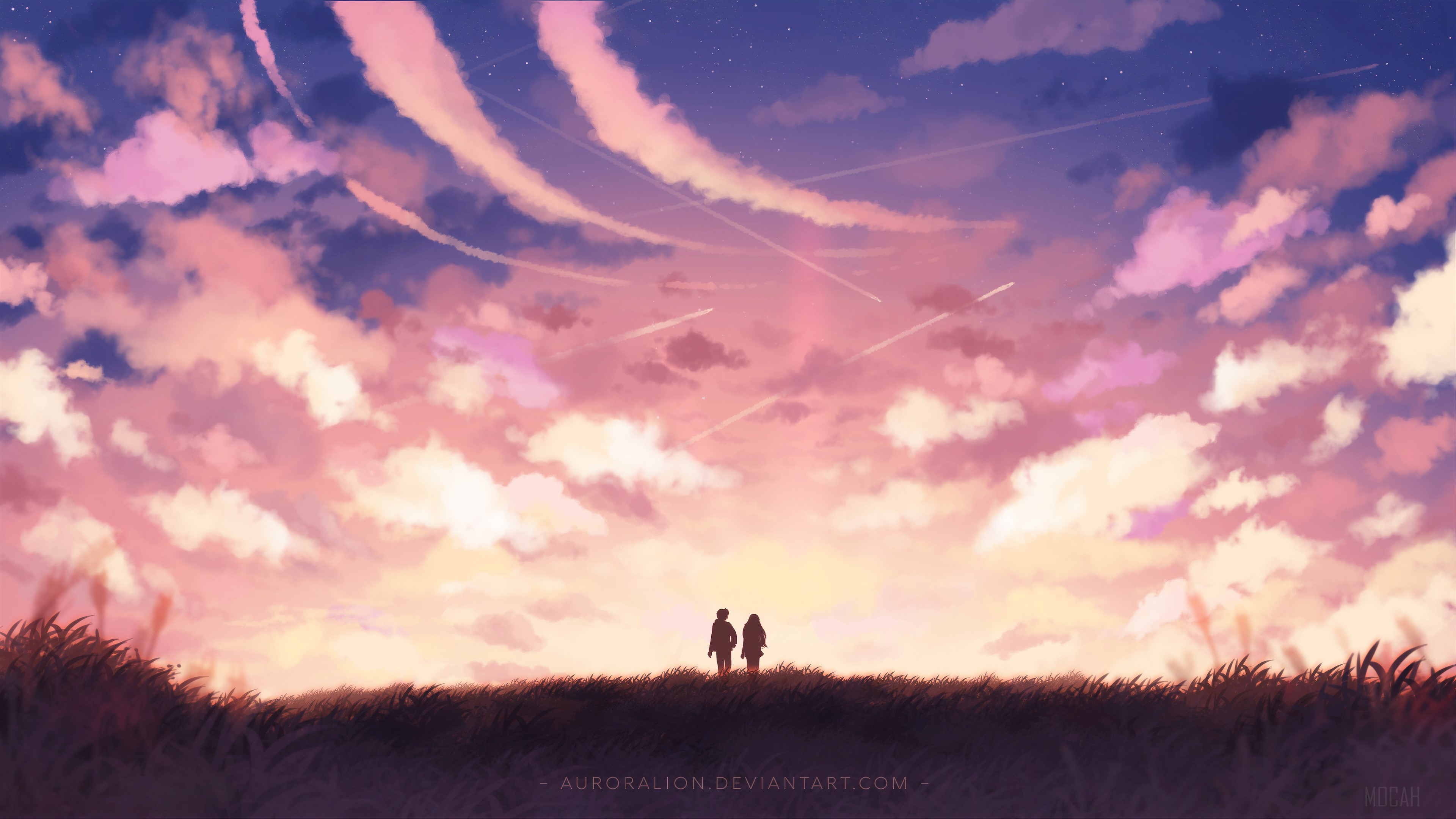 Couple Meeting Under a Sunset Sky 4K HD Wallpaper