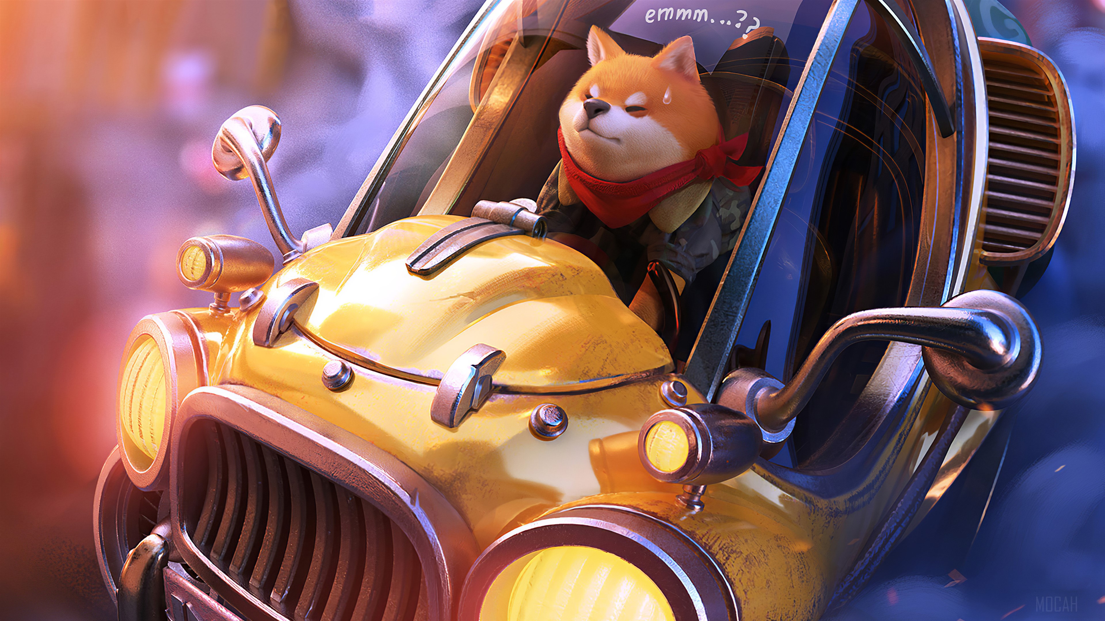 Shiba Inu driving a retro car in 4K HD Wallpaper
