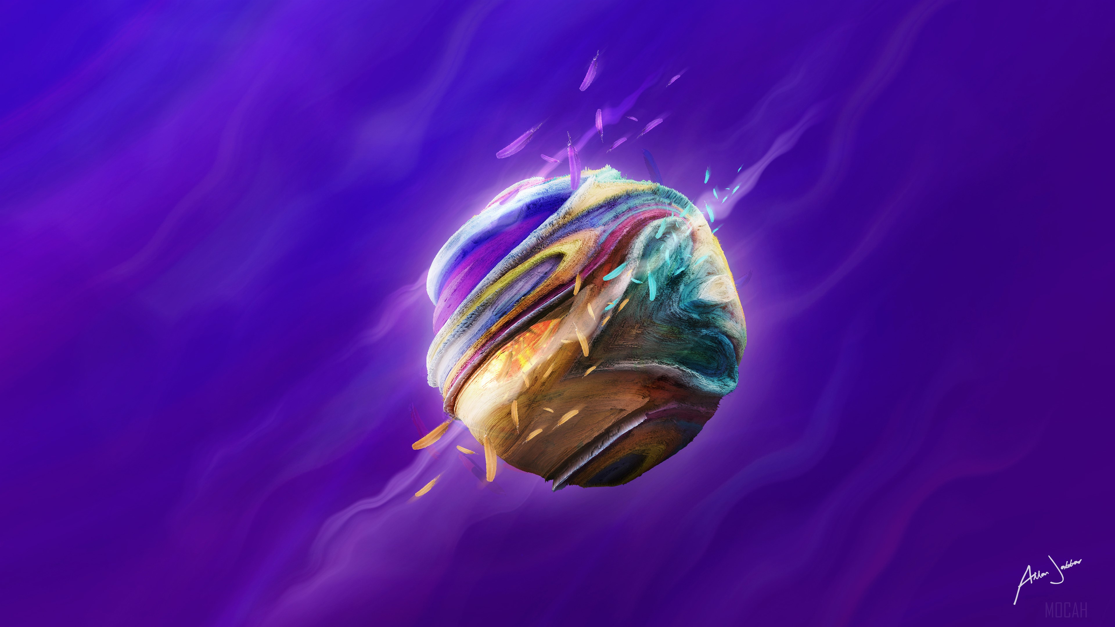 Abstract planet with colorful layers and purple background 4K HD Wallpaper