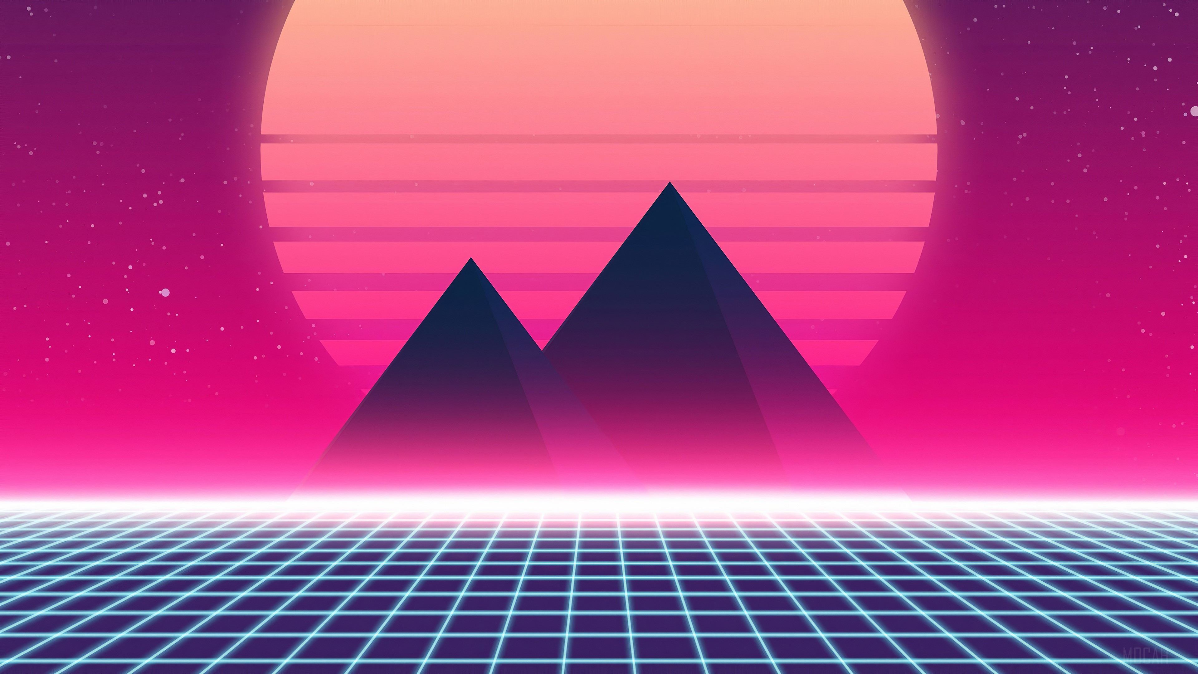 Retro Sunset with Mountains and Grid HD Wallpaper