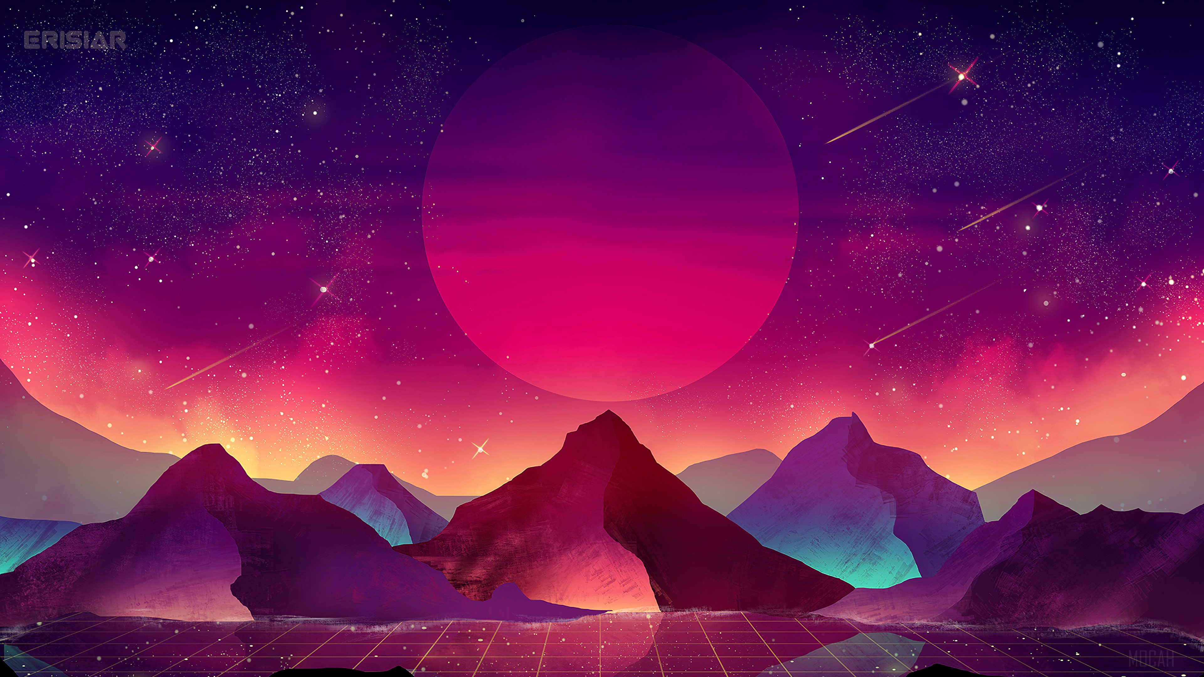 Retro Futuristic Landscape with Mountains and Stars 4K HD Wallpaper