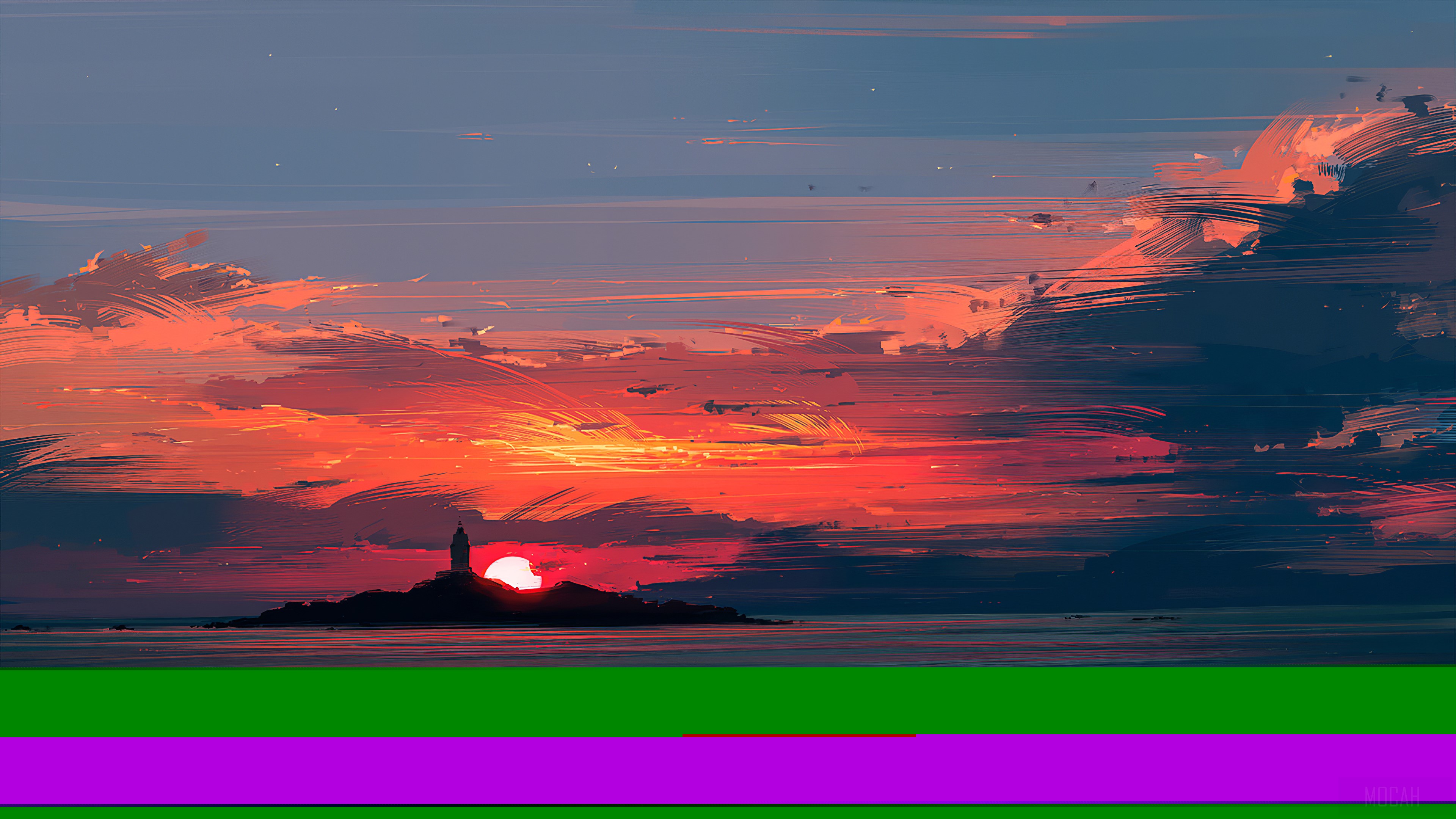Sunset over the ocean with a lighthouse HD Wallpaper