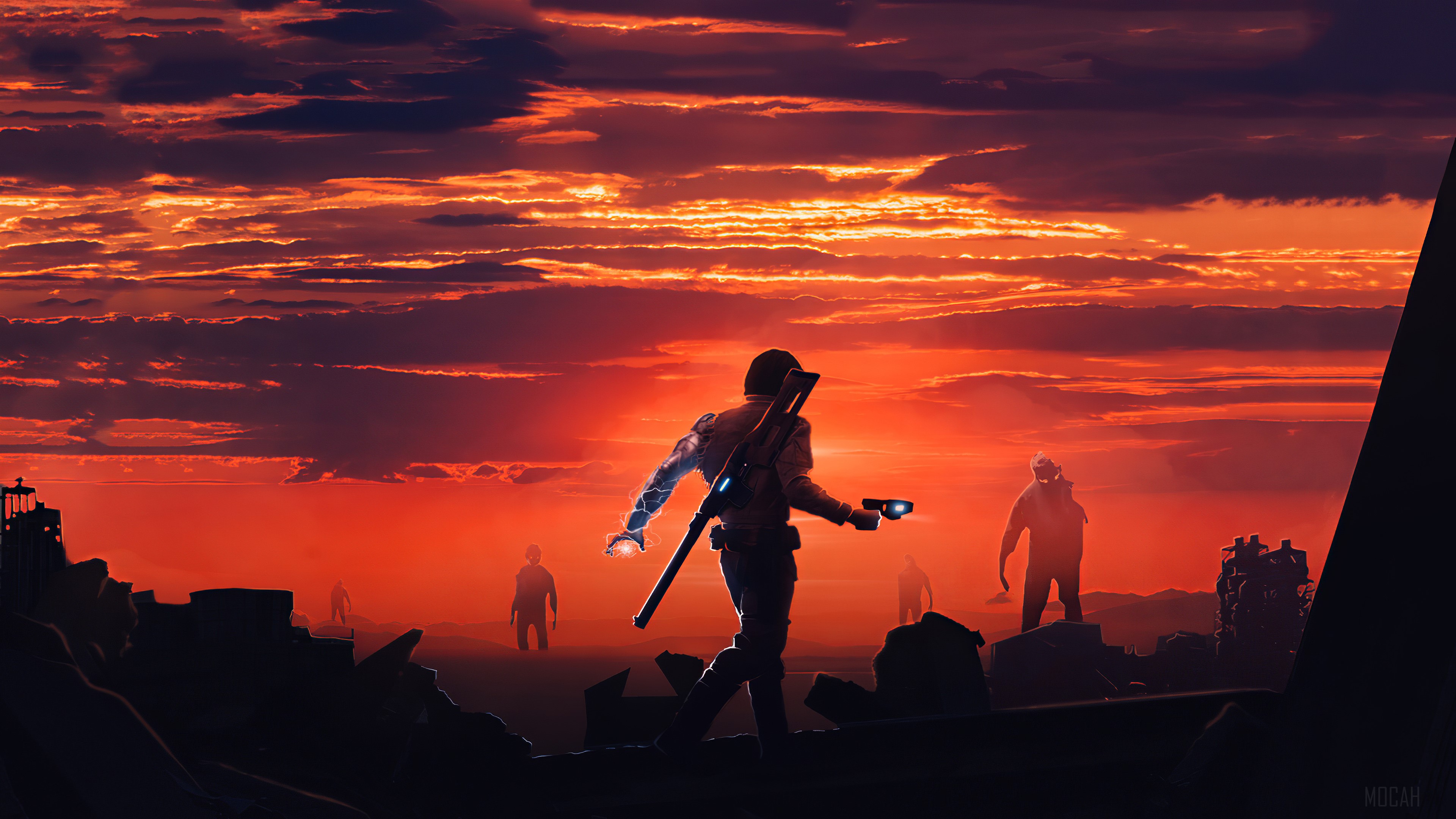 Post-apocalyptic scene with figures and dramatic sunset 4K HD Wallpaper