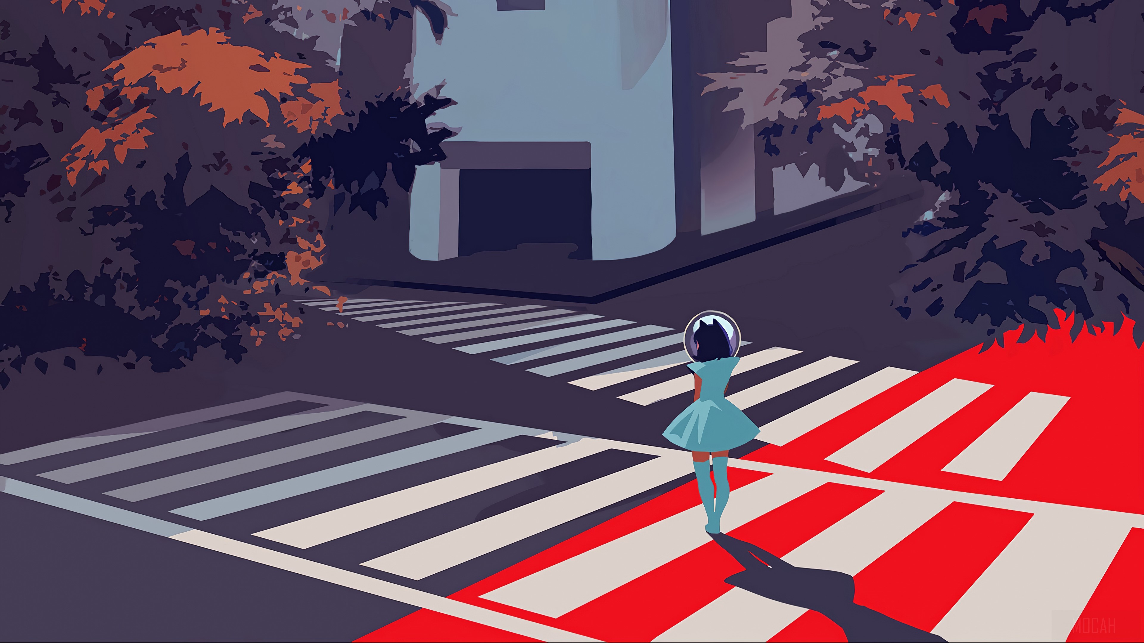Girl with helmet on a crosswalk HD Wallpaper