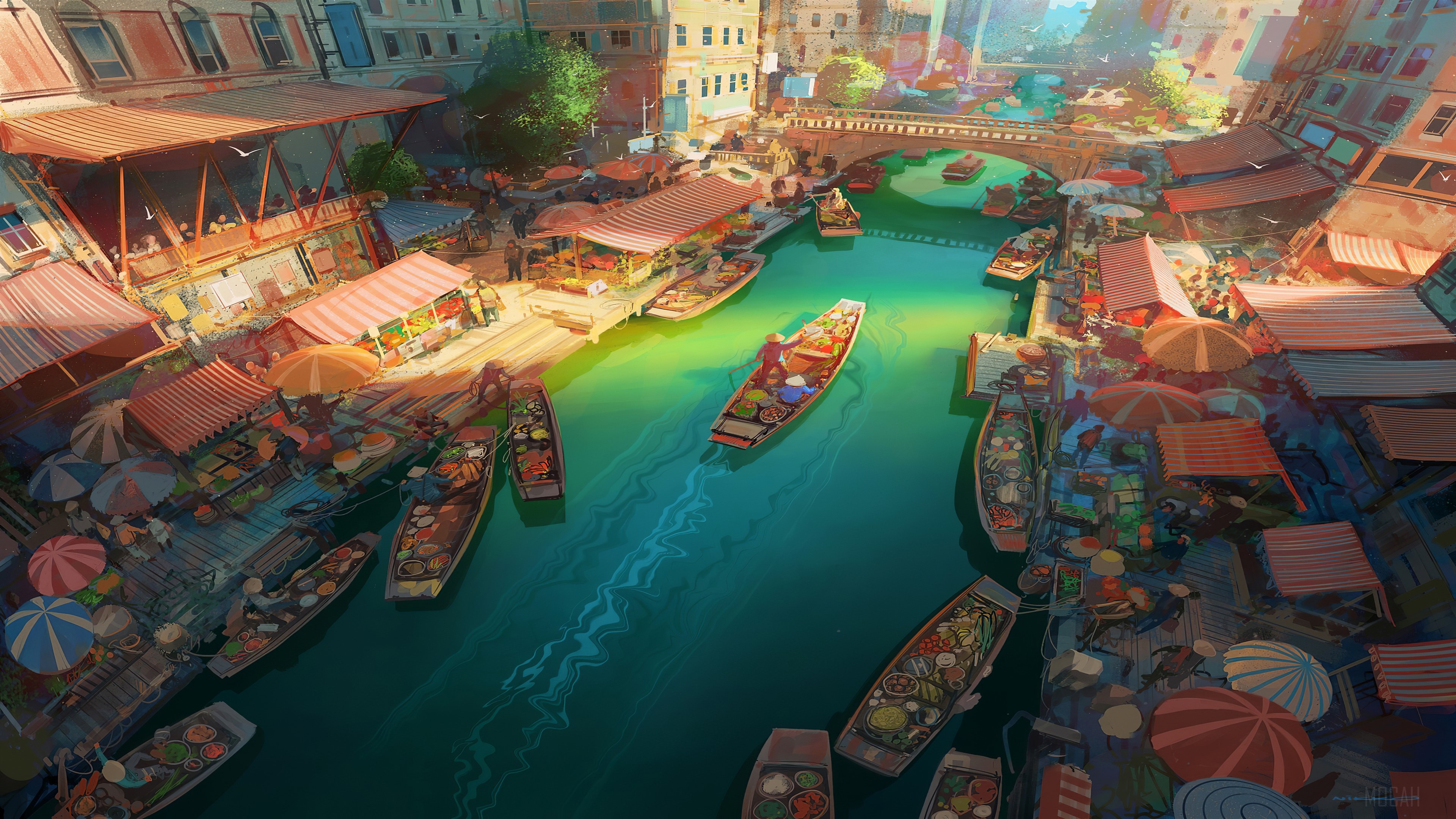 Floating Market on a Green River 4K HD Wallpaper
