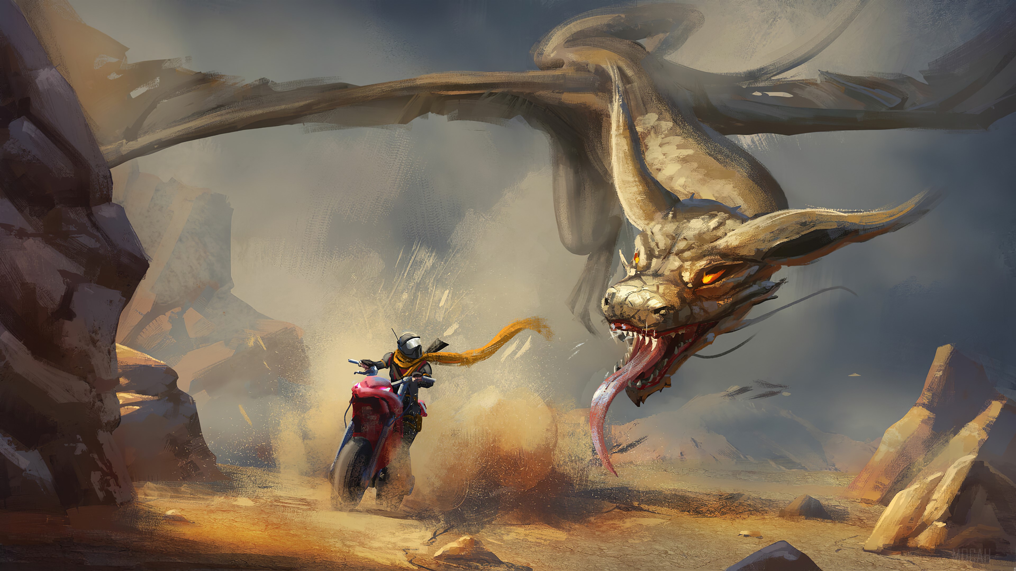 Motorcyclist chased by a dragon in a desert HD Wallpaper
