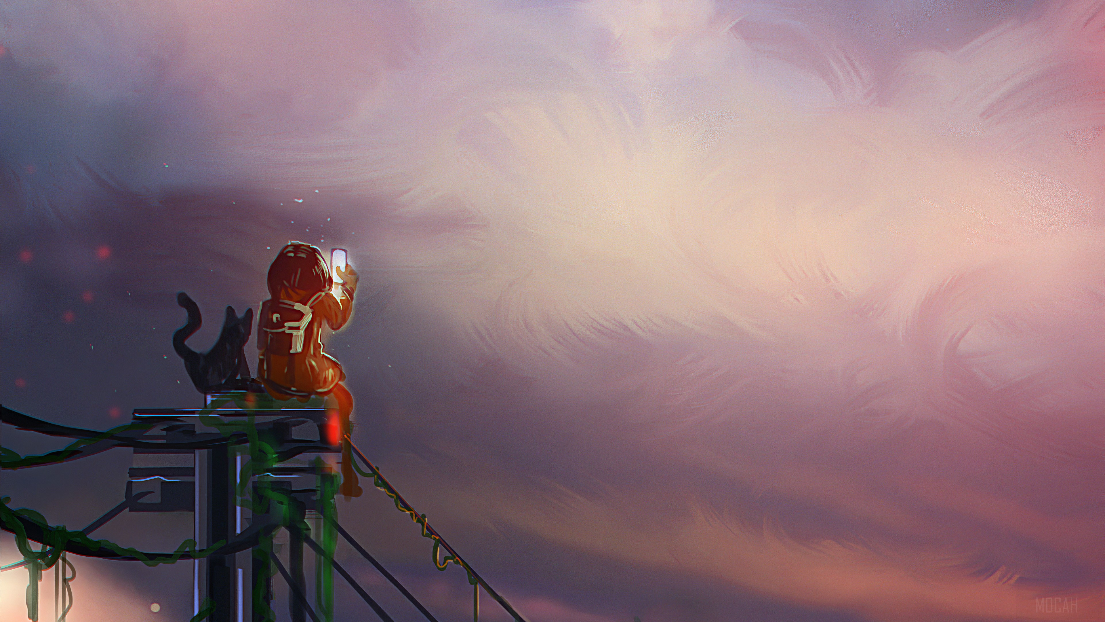 Girl and cat sitting on power line using phone 4K HD Wallpaper