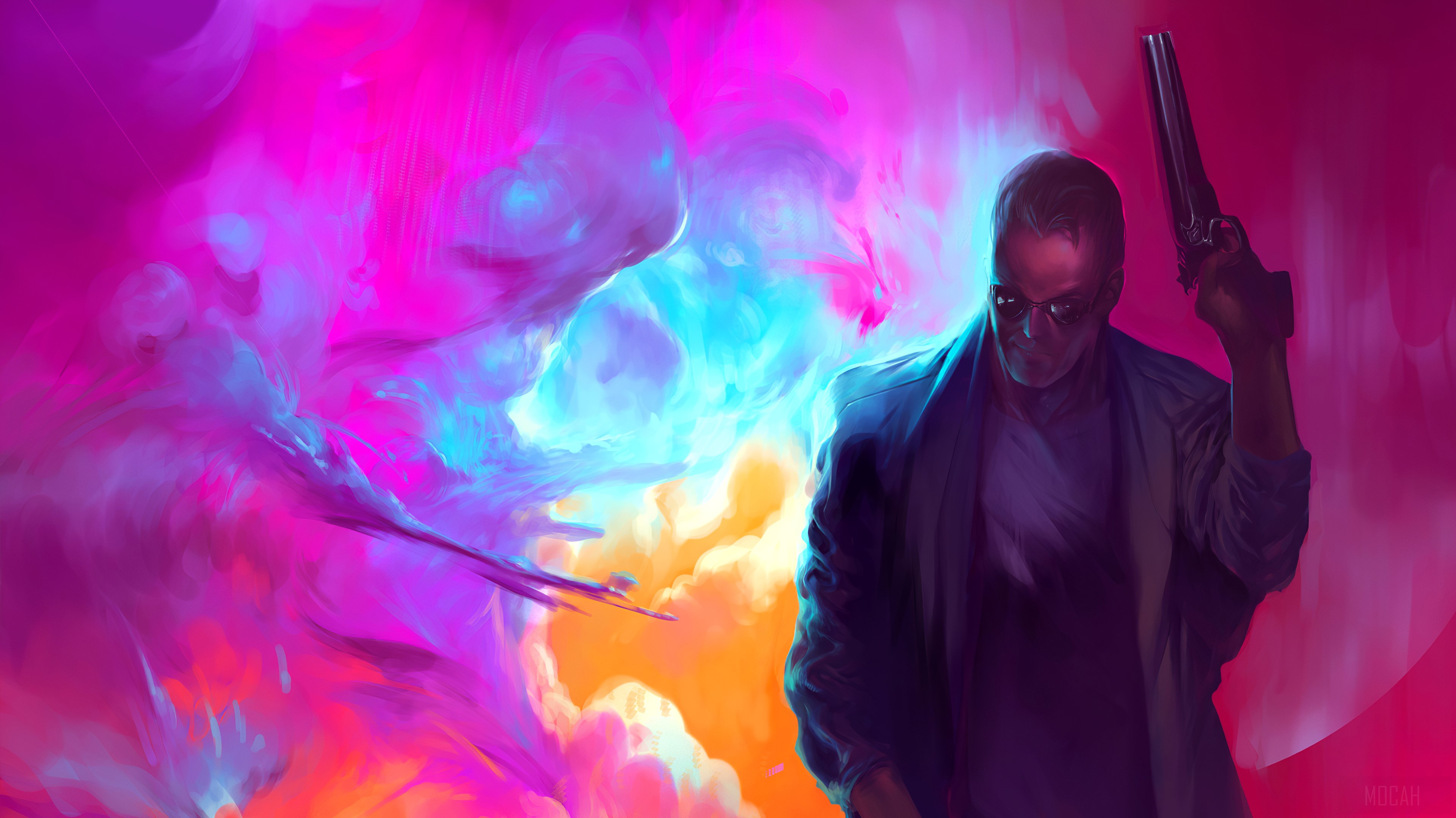 Man with shotgun in neon smoke 4K HD Wallpaper