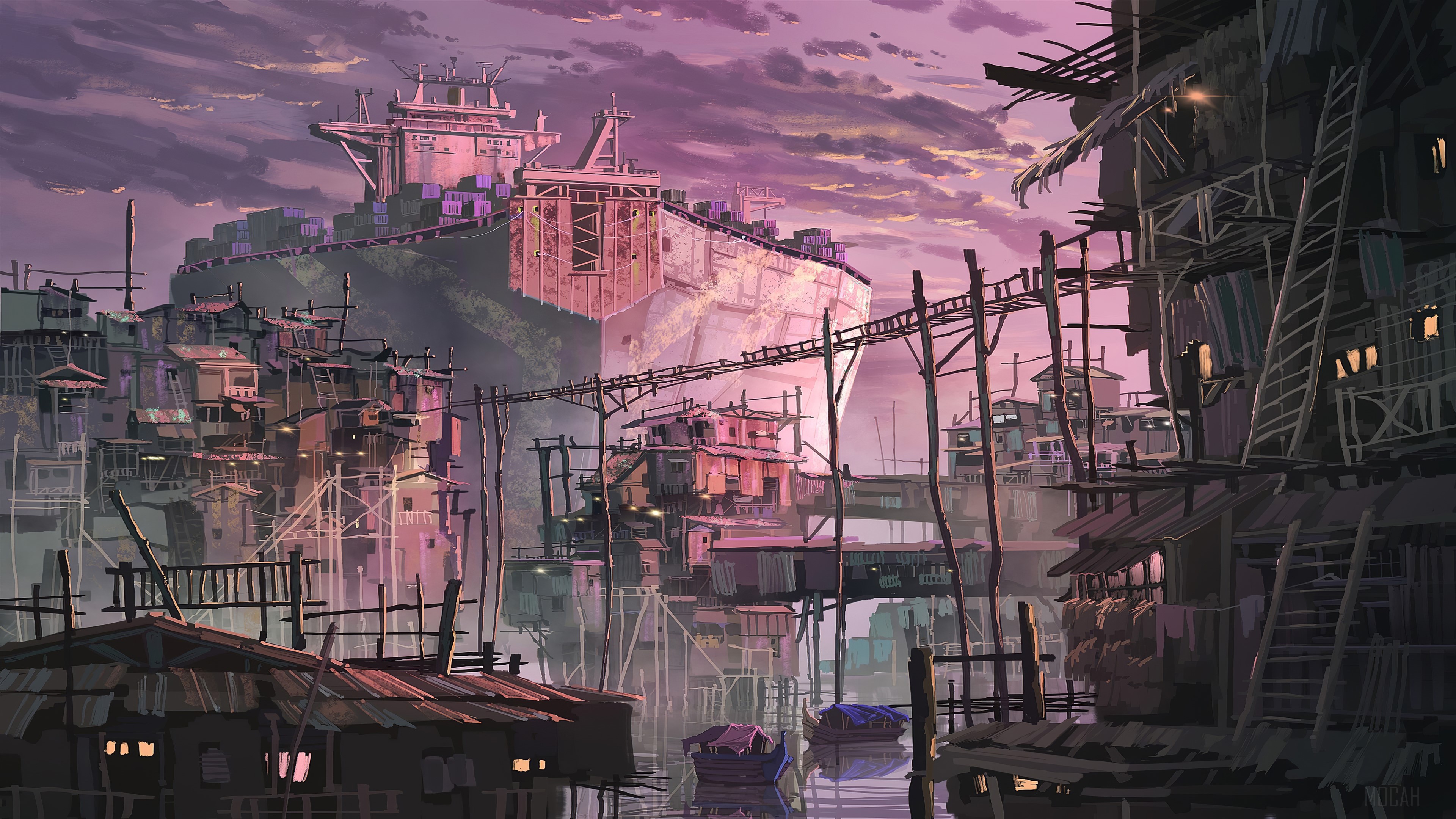 Slum city built on water with a large ship in the background HD Wallpaper