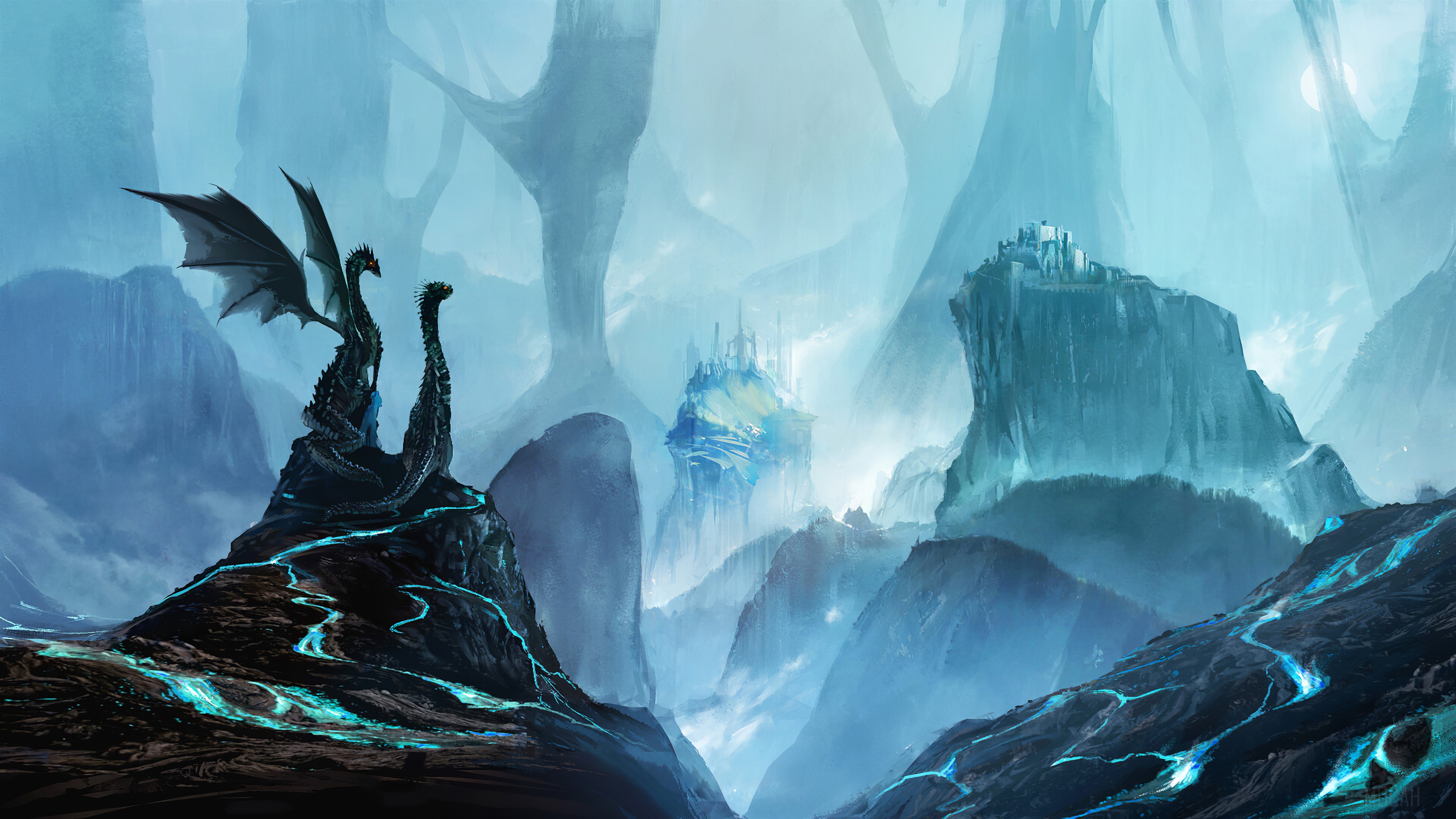 Dragons in a misty, mountainous landscape with castles HD Wallpaper