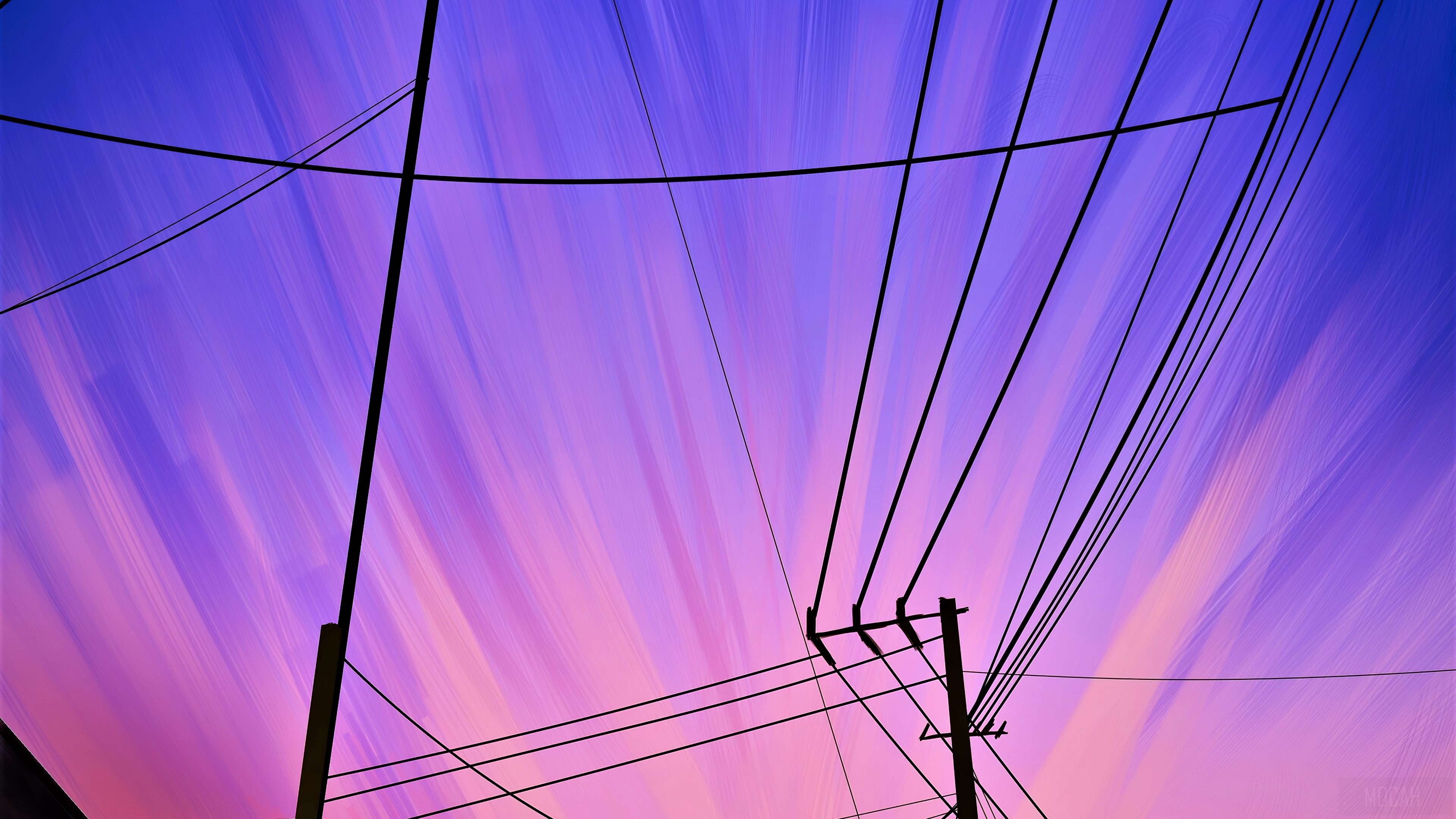 Powerlines against a purple and pink sky 4K HD Wallpaper