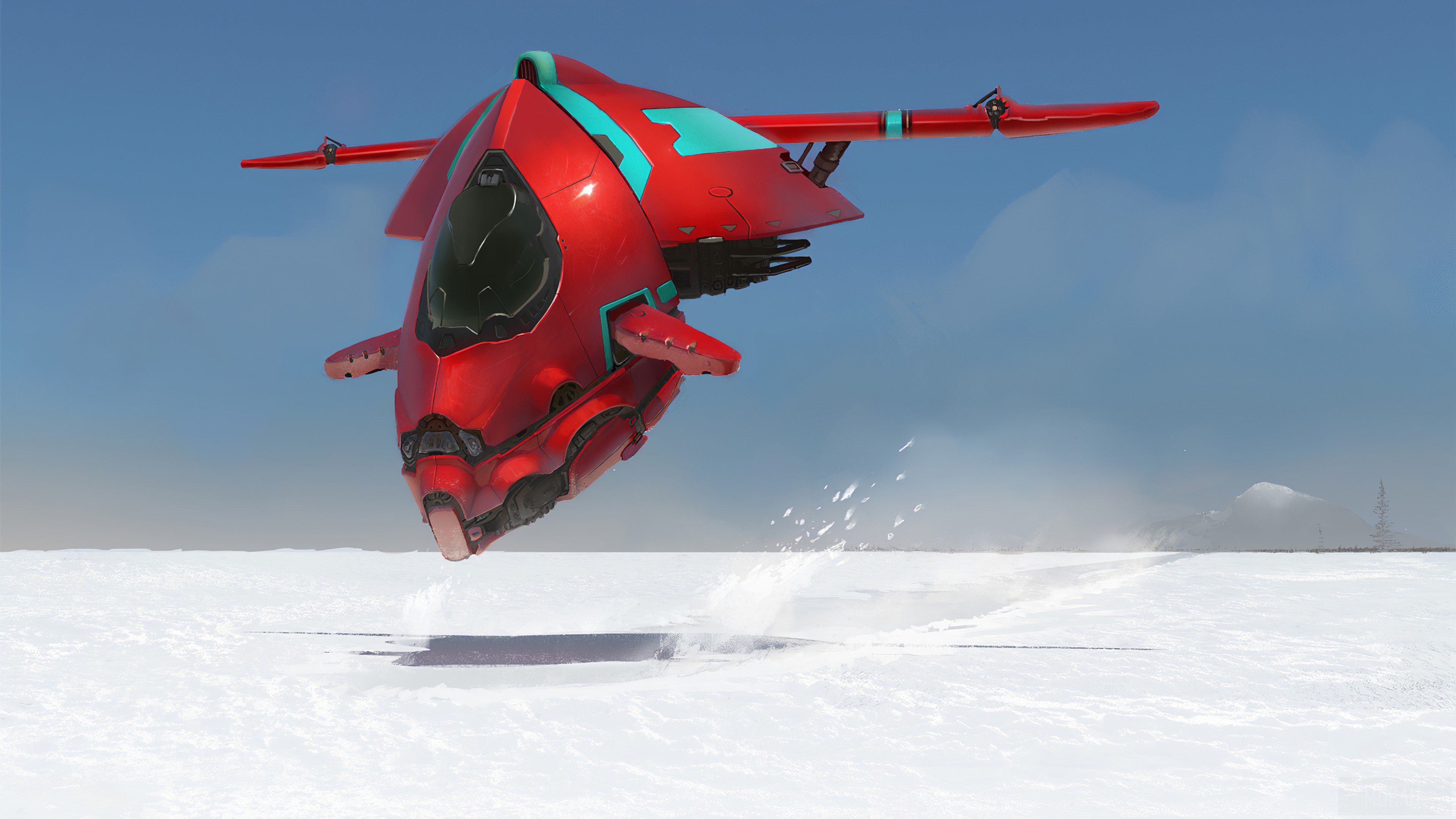 Red Sci-Fi Ship Flying Over Ice 4K HD Wallpaper