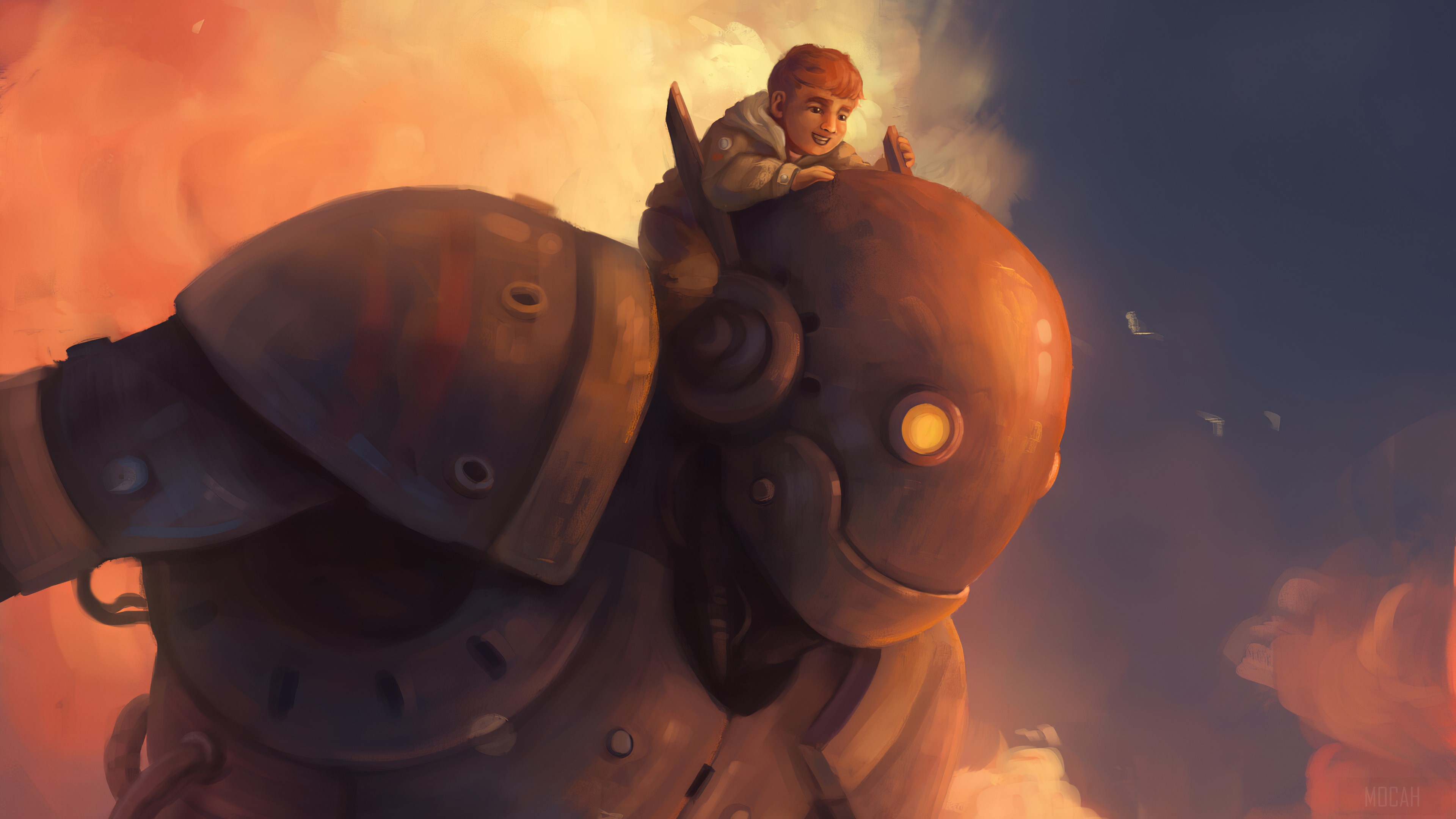 Boy riding a robot in the sky HD Wallpaper