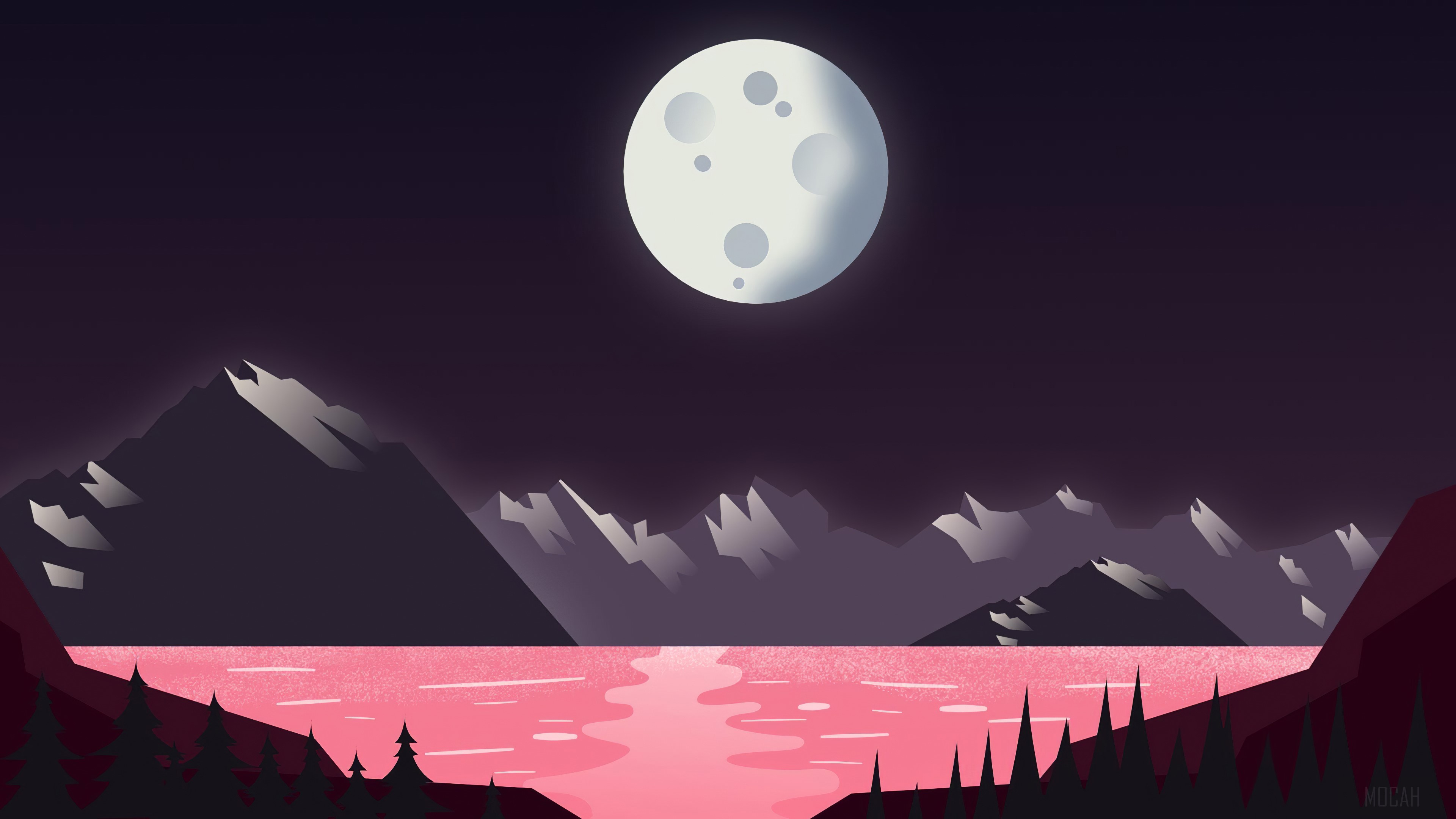 Minimalist Landscape with Moonlit Lake and Mountains 4K HD Wallpaper