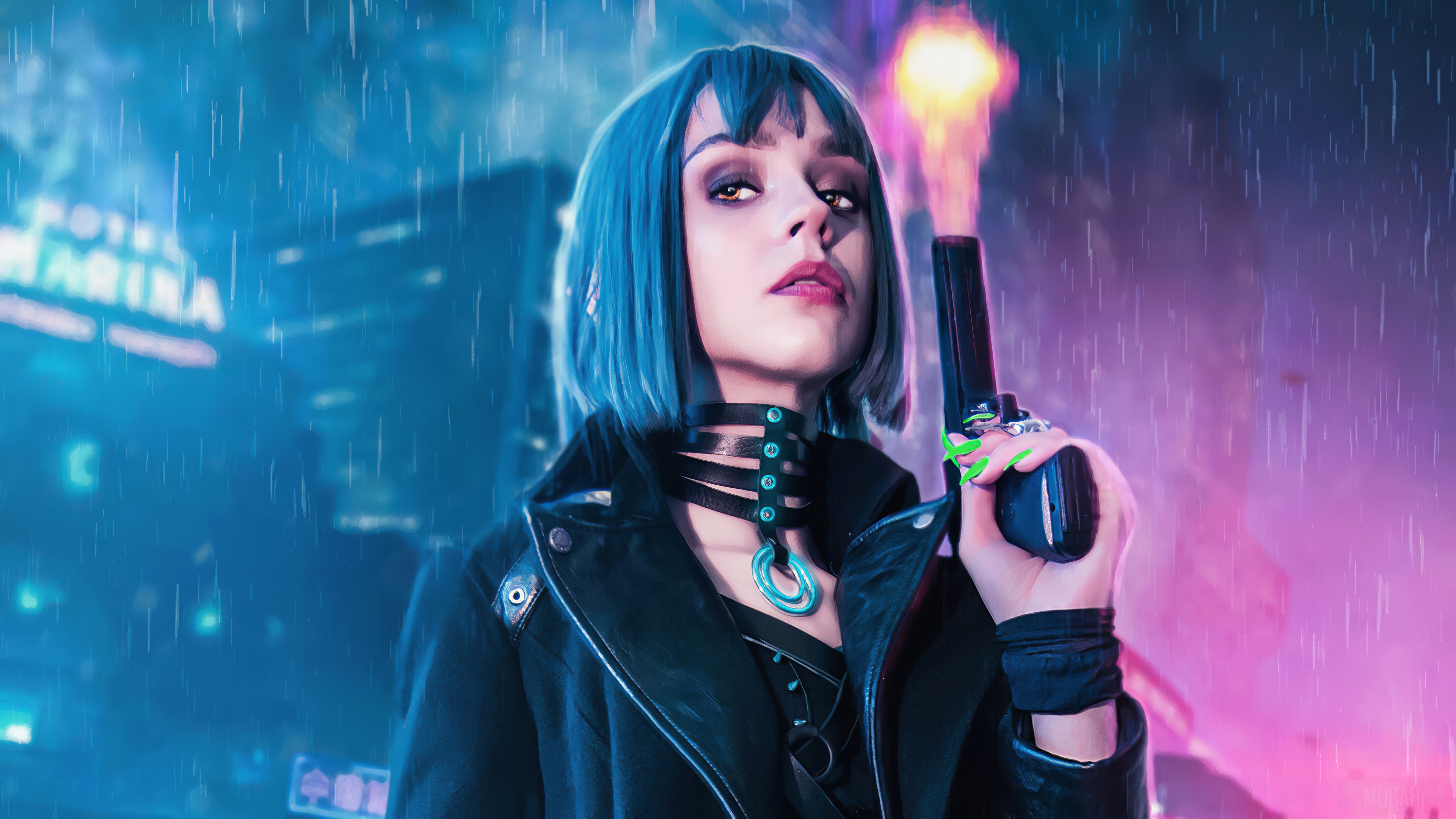 Woman with blue hair holding a gun in the rain HD Wallpaper