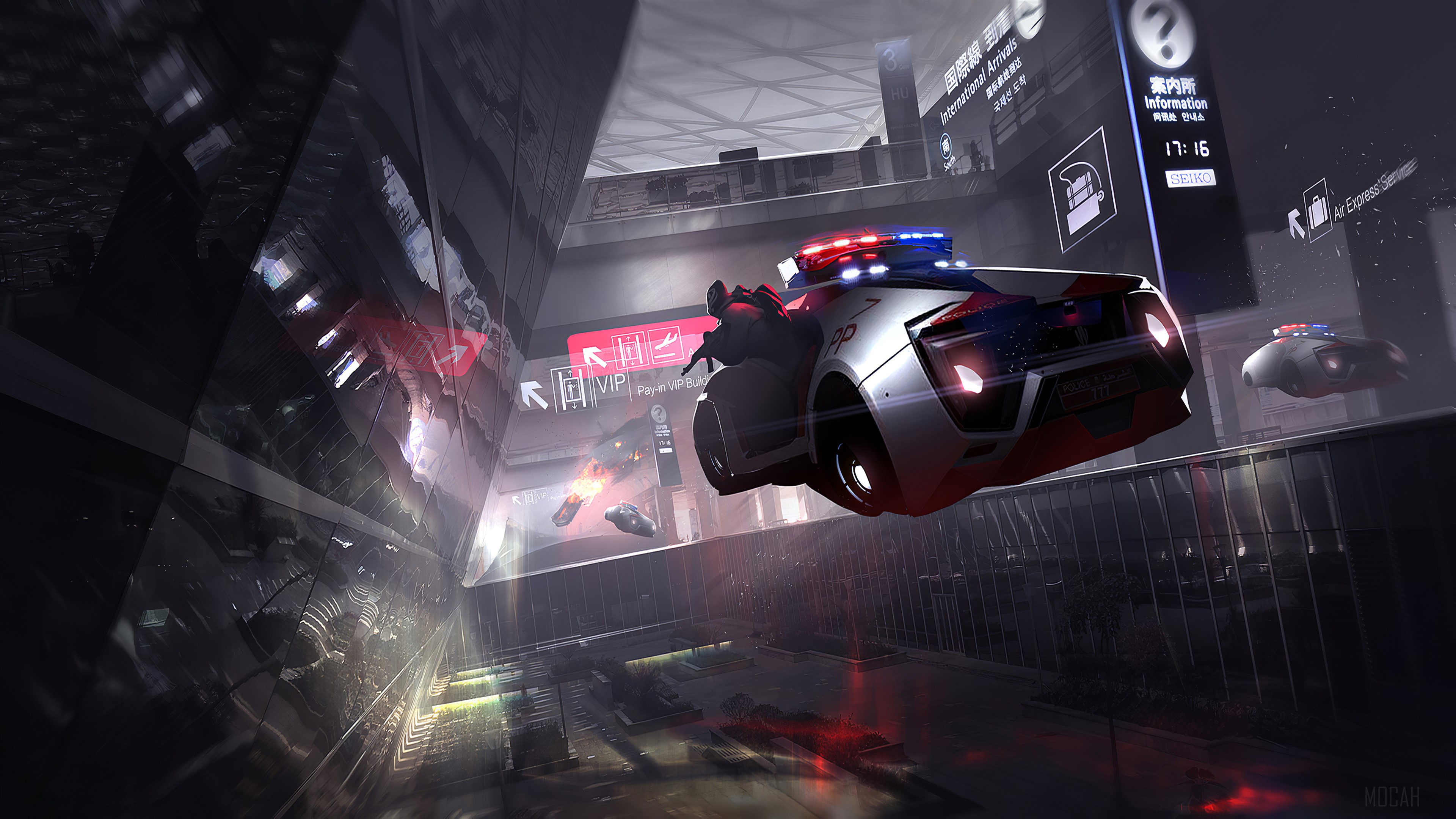 Sci-fi police cars flying in futuristic airport 4K HD Wallpaper