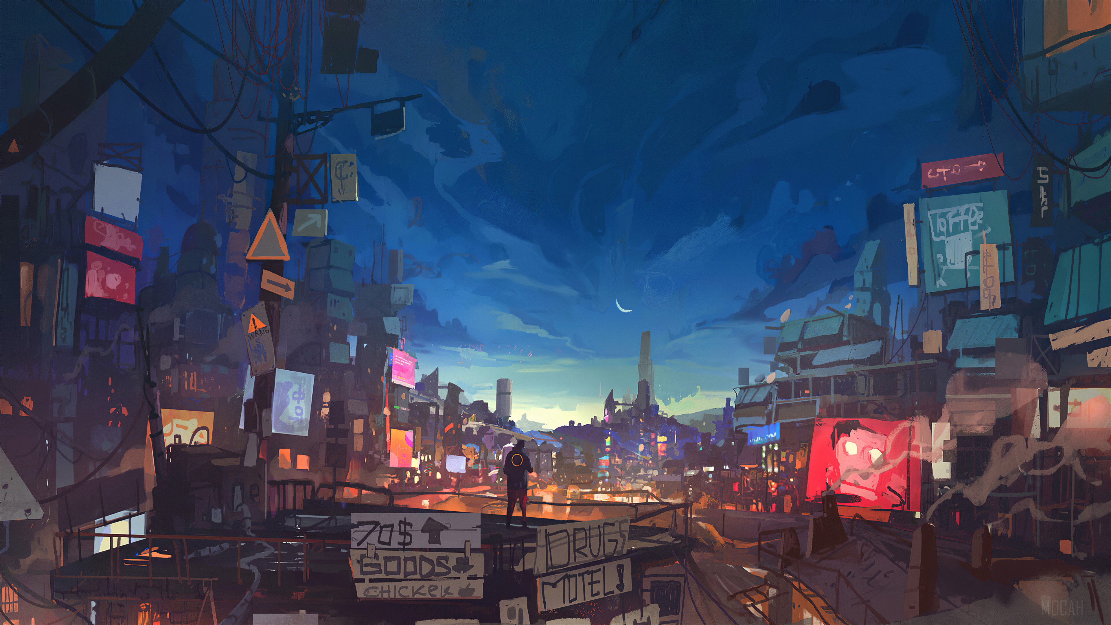 Cyberpunk Cityscape with Crescent Moon 4K HD Wallpaper