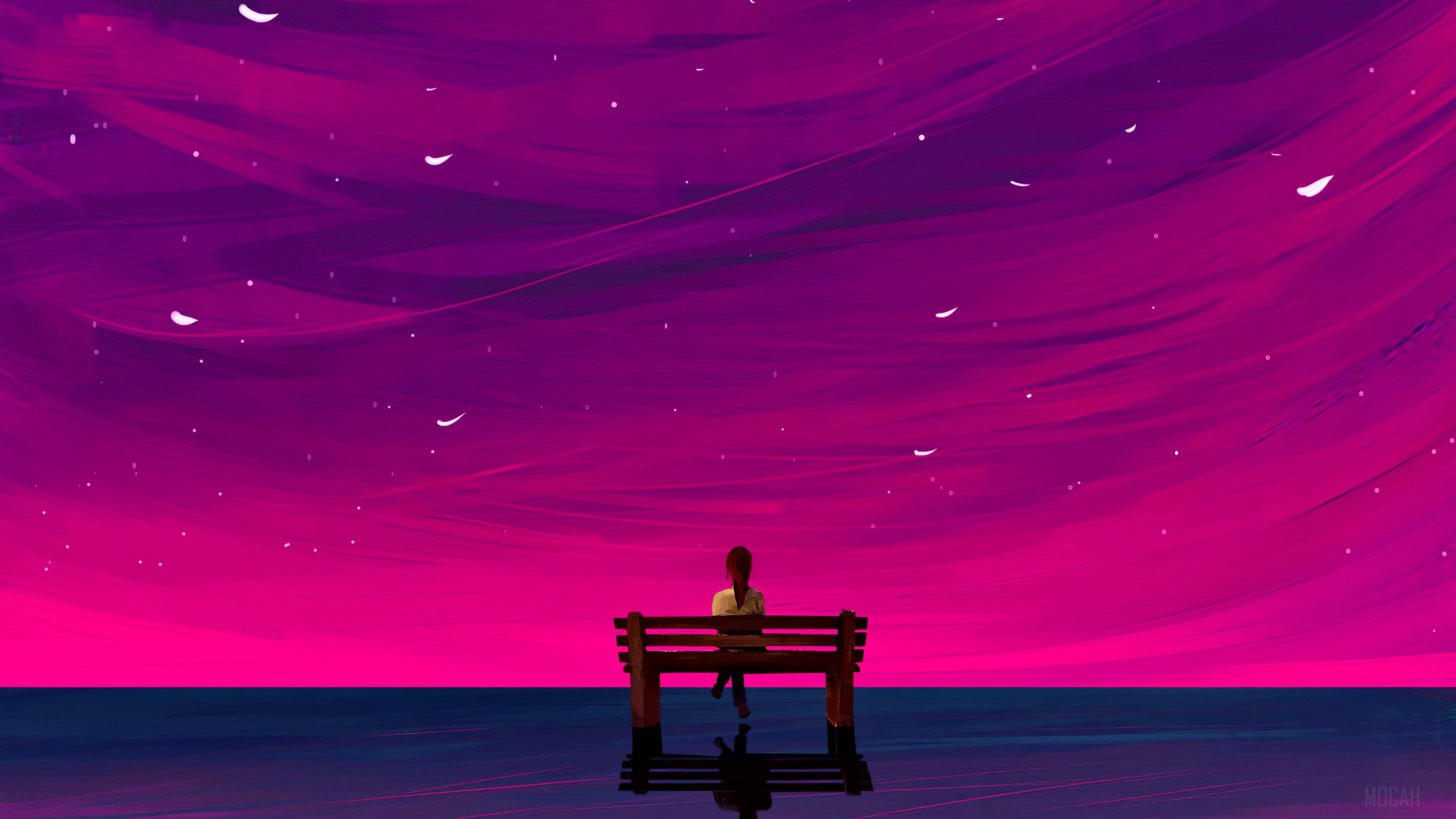 Girl on a bench under a starry purple sky HD Wallpaper