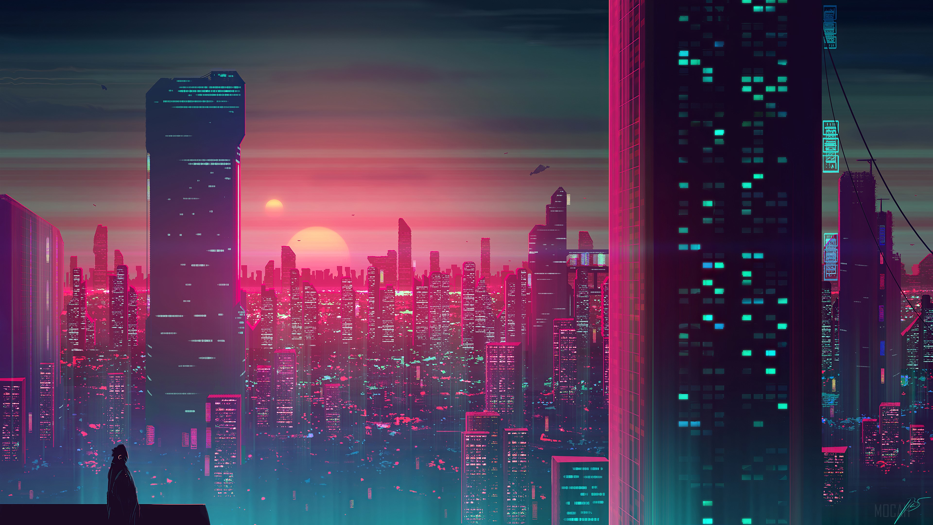 Cyberpunk Cityscape at Sunset with a Lone Figure HD Wallpaper