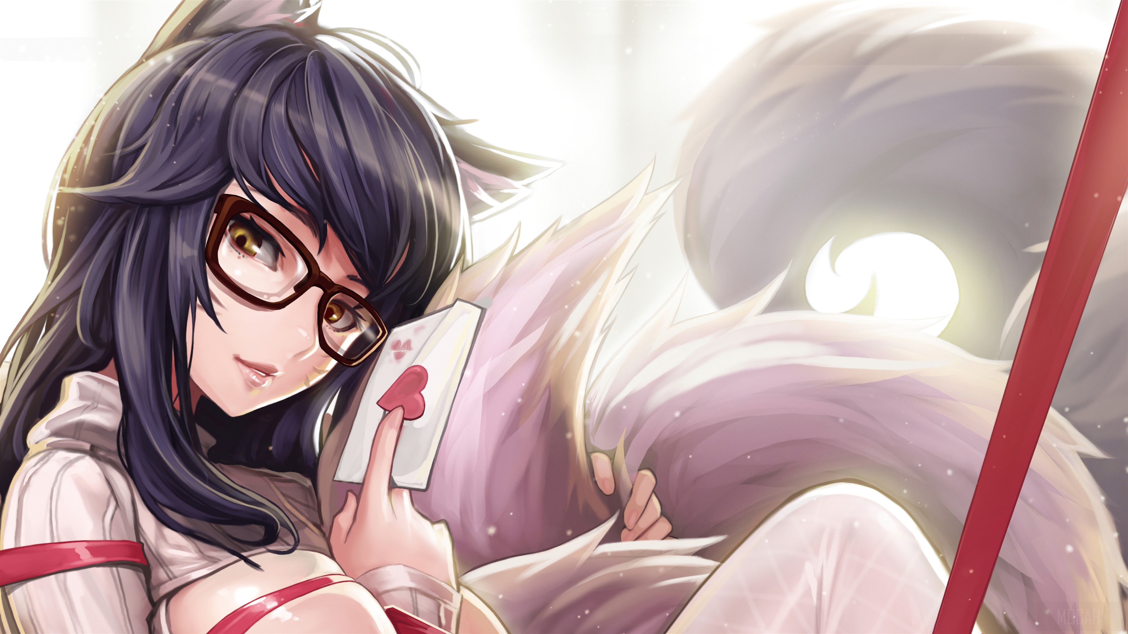 Ahri from League of Legends with glasses and card HD Wallpaper