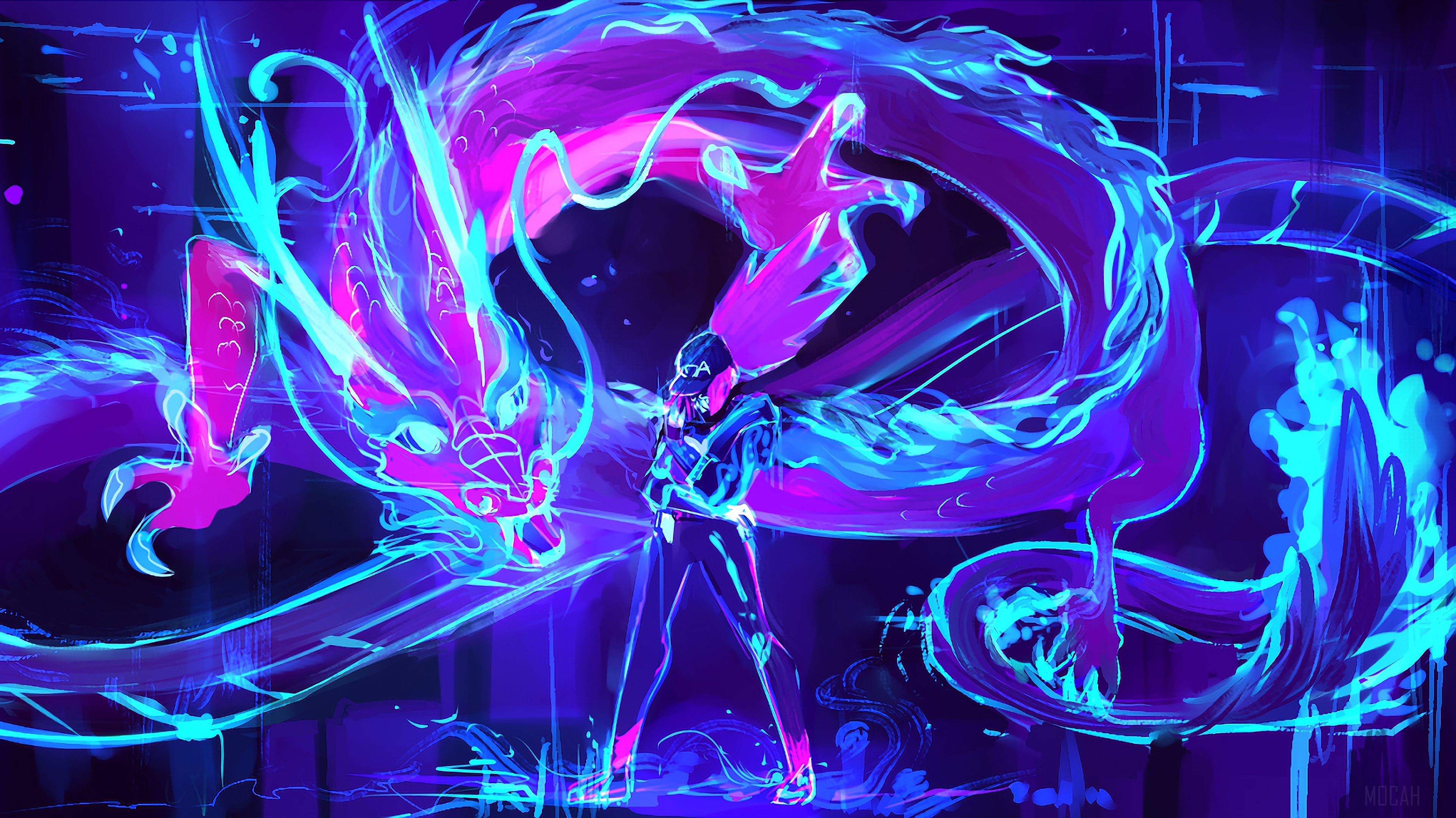 K/DA Akali with Neon Dragon 4K HD Wallpaper