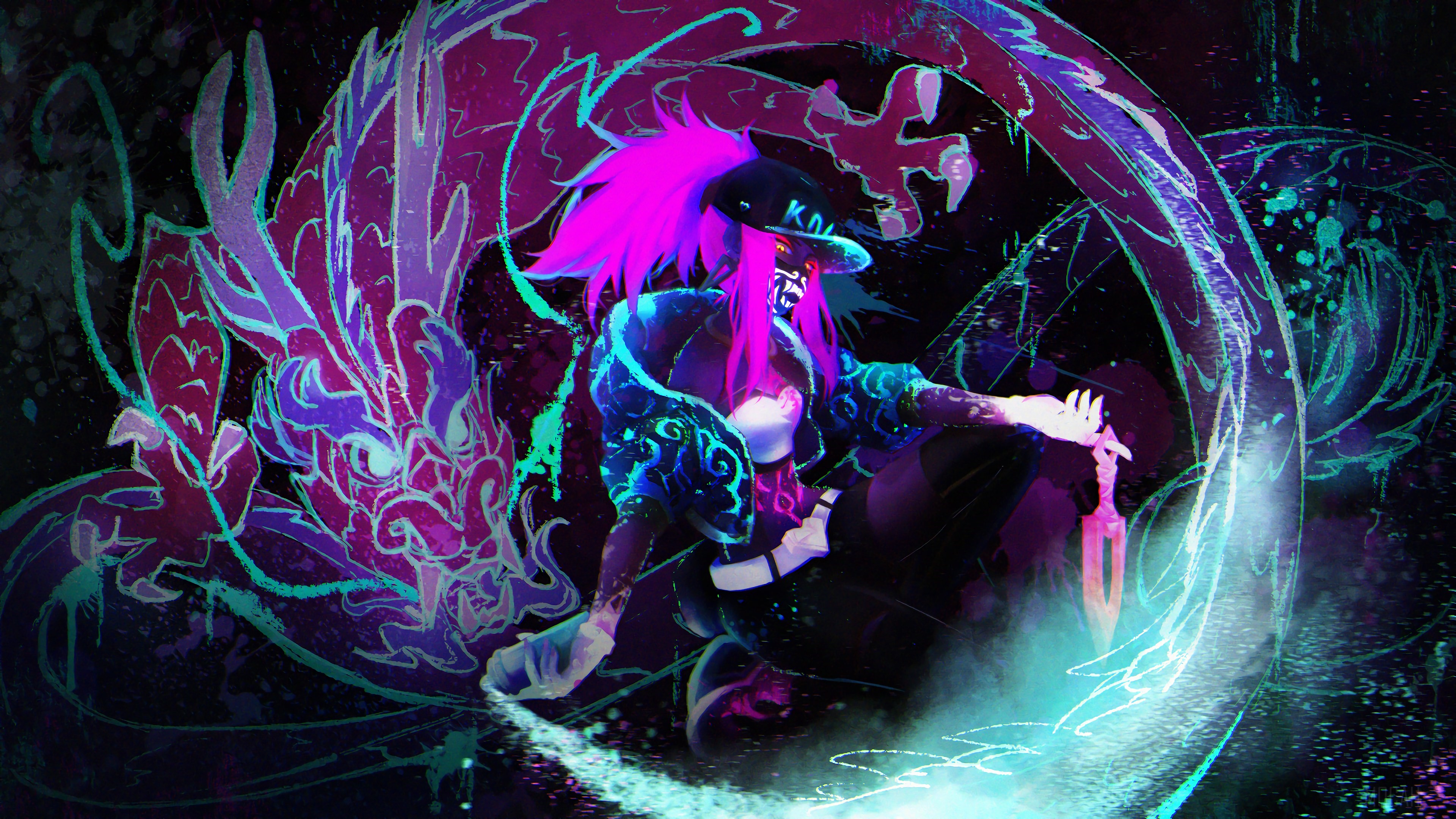 K/DA Akali from League of Legends with Dragon HD Wallpaper