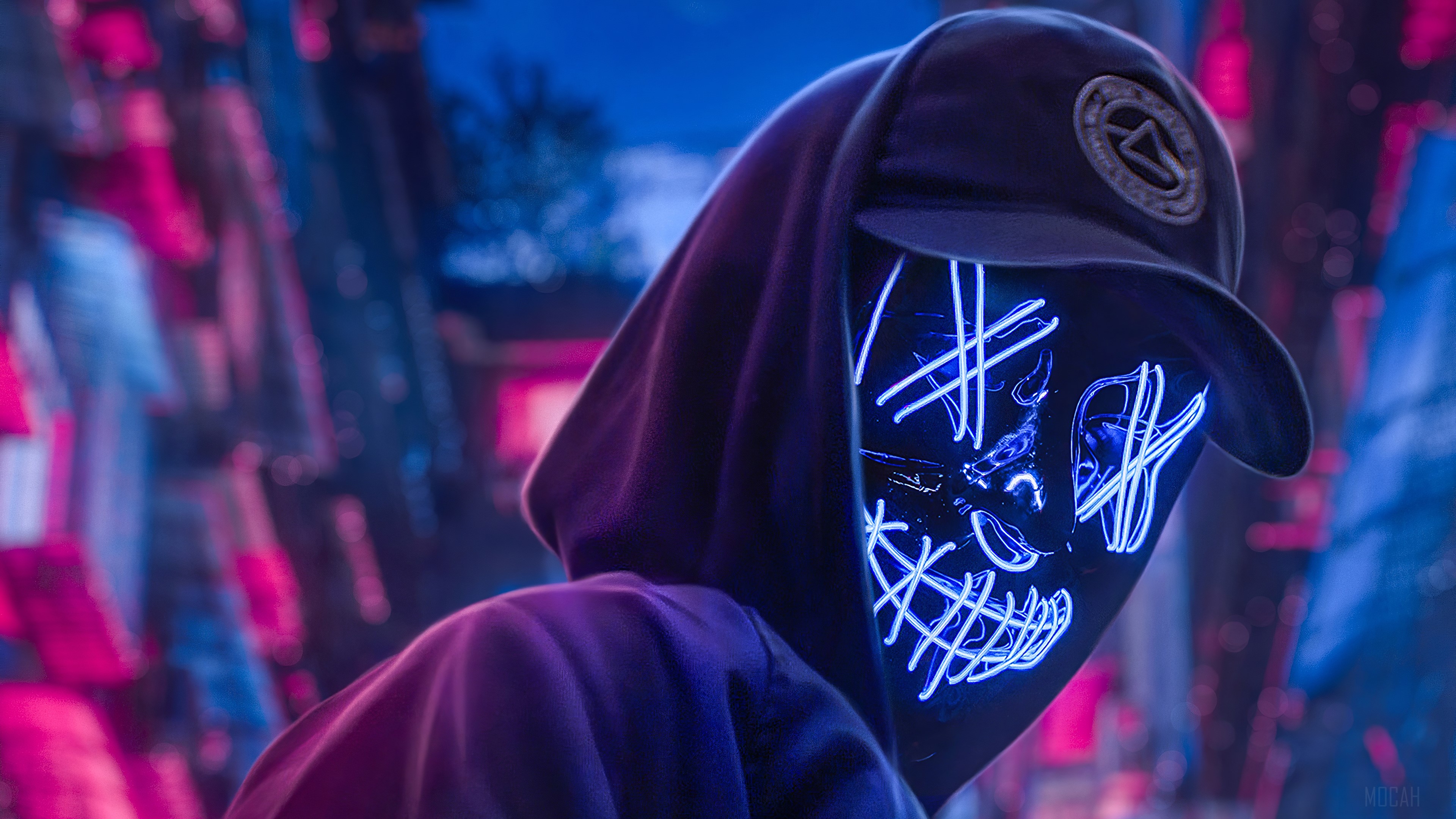 Man in Neon Mask and Hoodie with Cap 4K HD Wallpaper