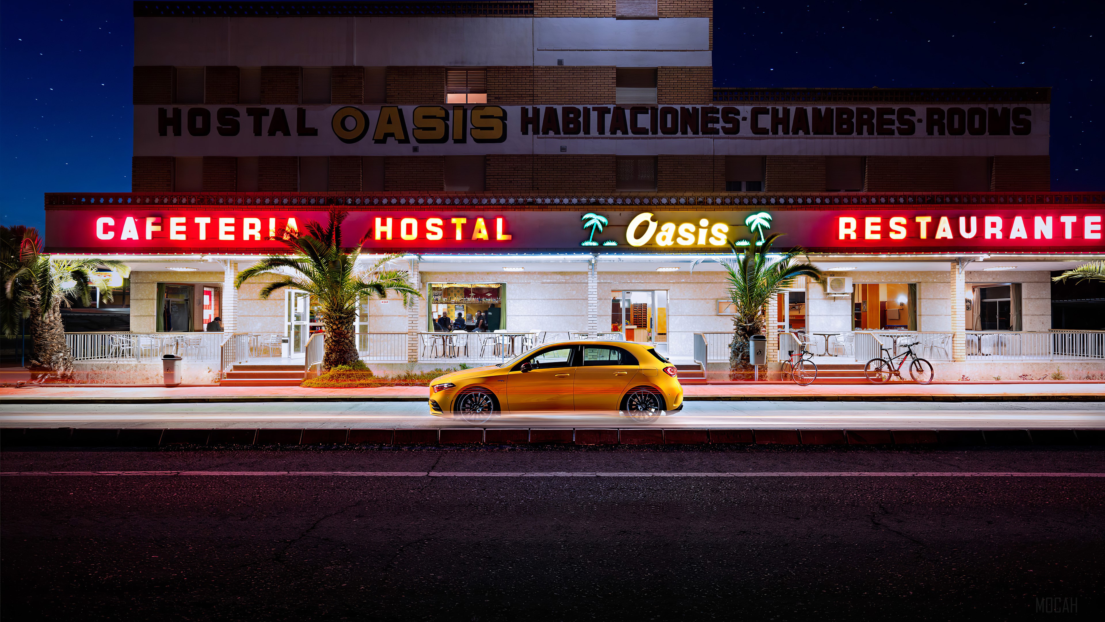 Yellow Mercedes-Benz A35 AMG parked in front of a motel at night HD Wallpaper