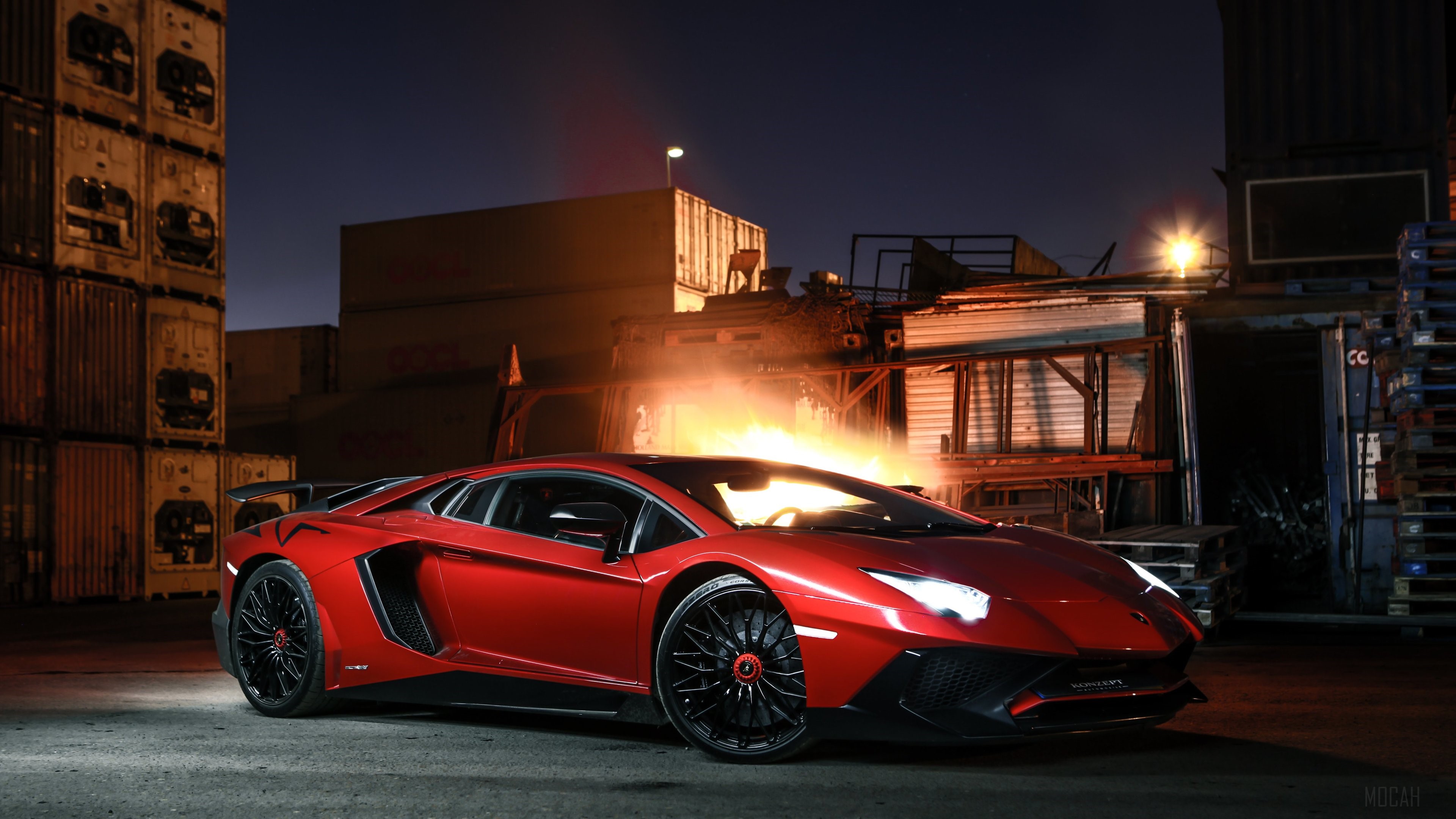 Red Lamborghini Aventador SV in industrial area at night HD Wallpaper