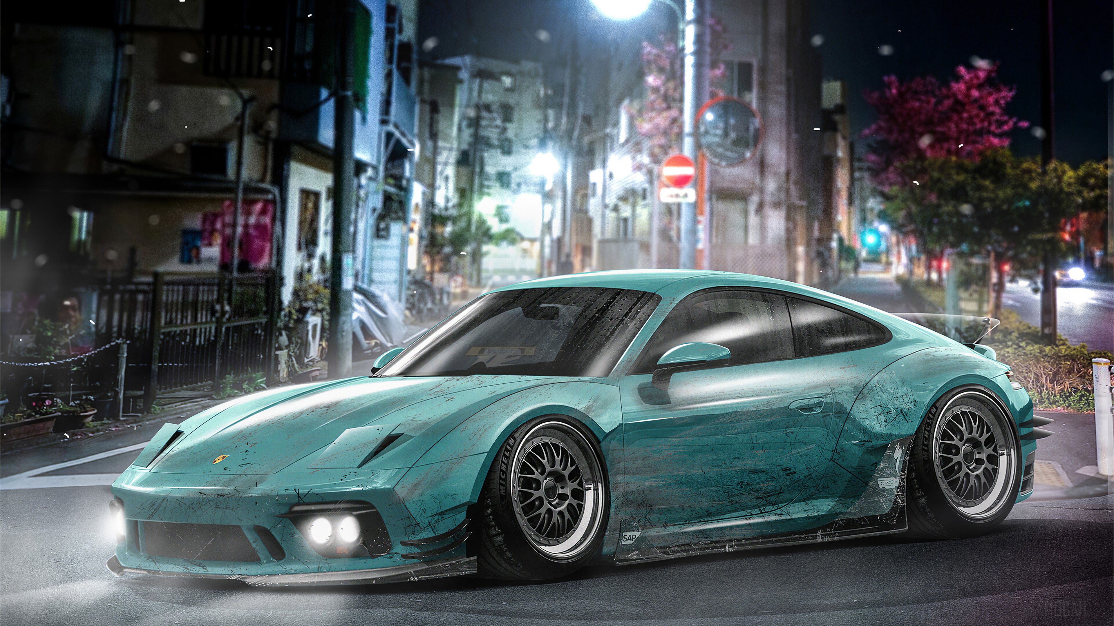 Modified Porsche 911 in Tokyo at Night 4K HD Wallpaper