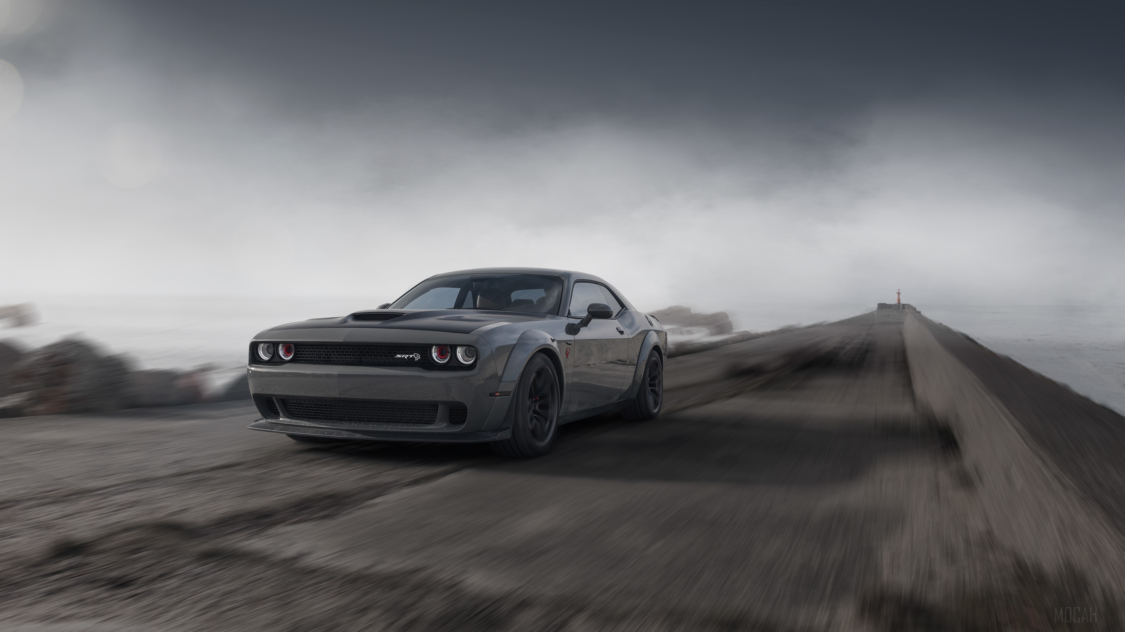 Dodge Challenger Demon SRT driving on a road HD Wallpaper
