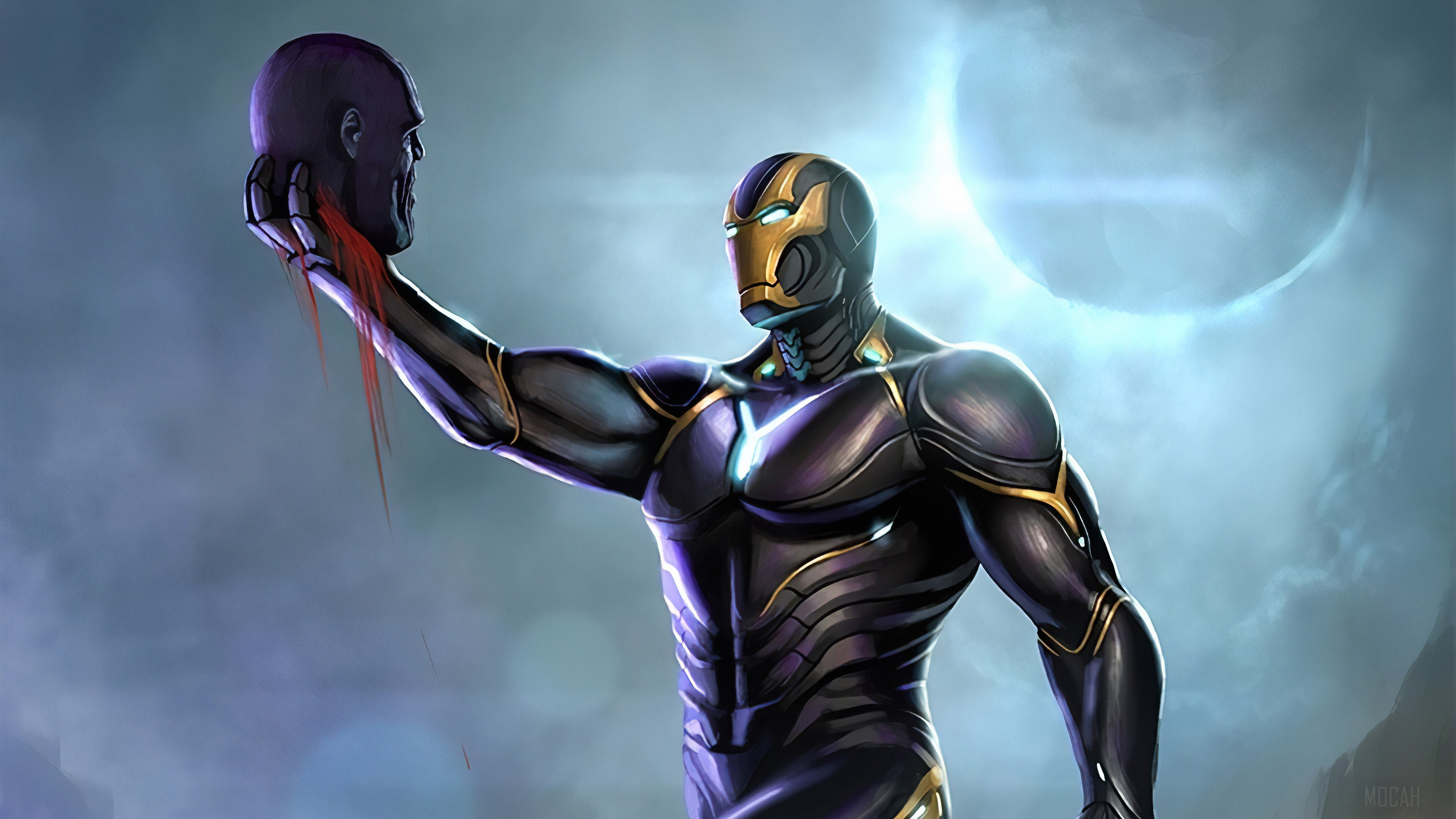 Iron Man holding Thanos's head HD Wallpaper