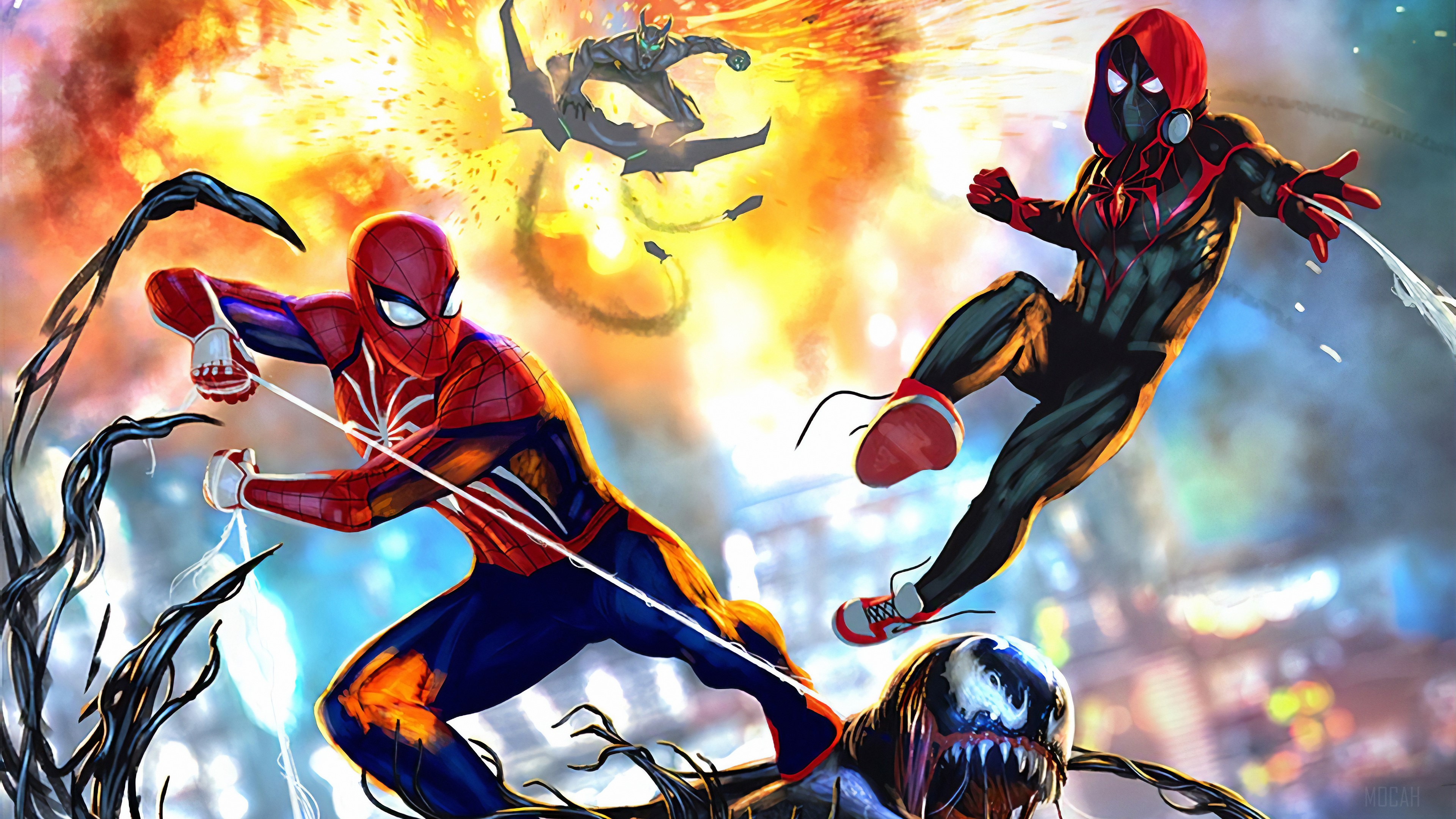 Spider-Man, Miles Morales, Green Goblin, and Venom in action HD Wallpaper