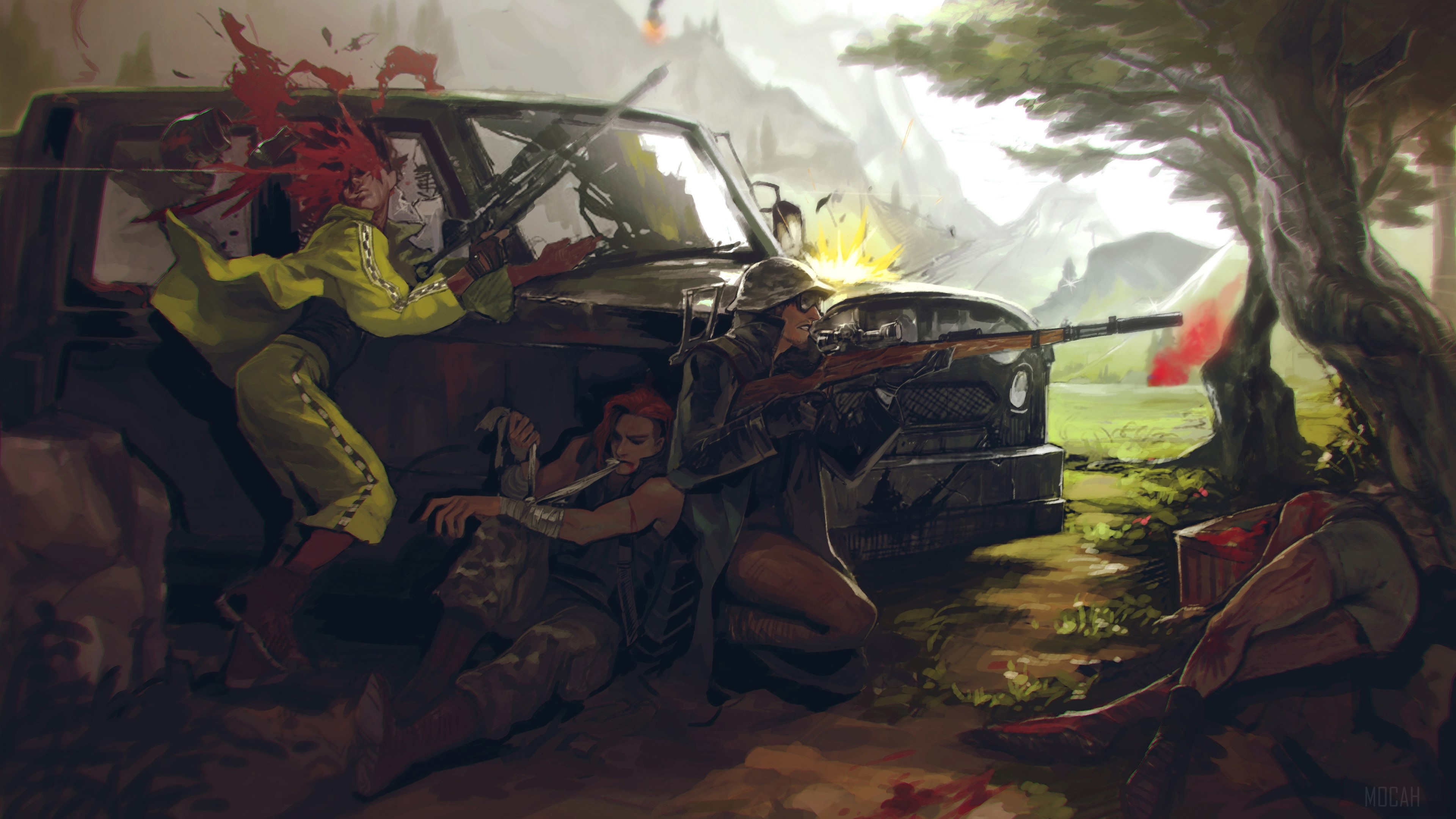 Battle Royale Scene with Soldiers and Vehicle 4K HD Wallpaper
