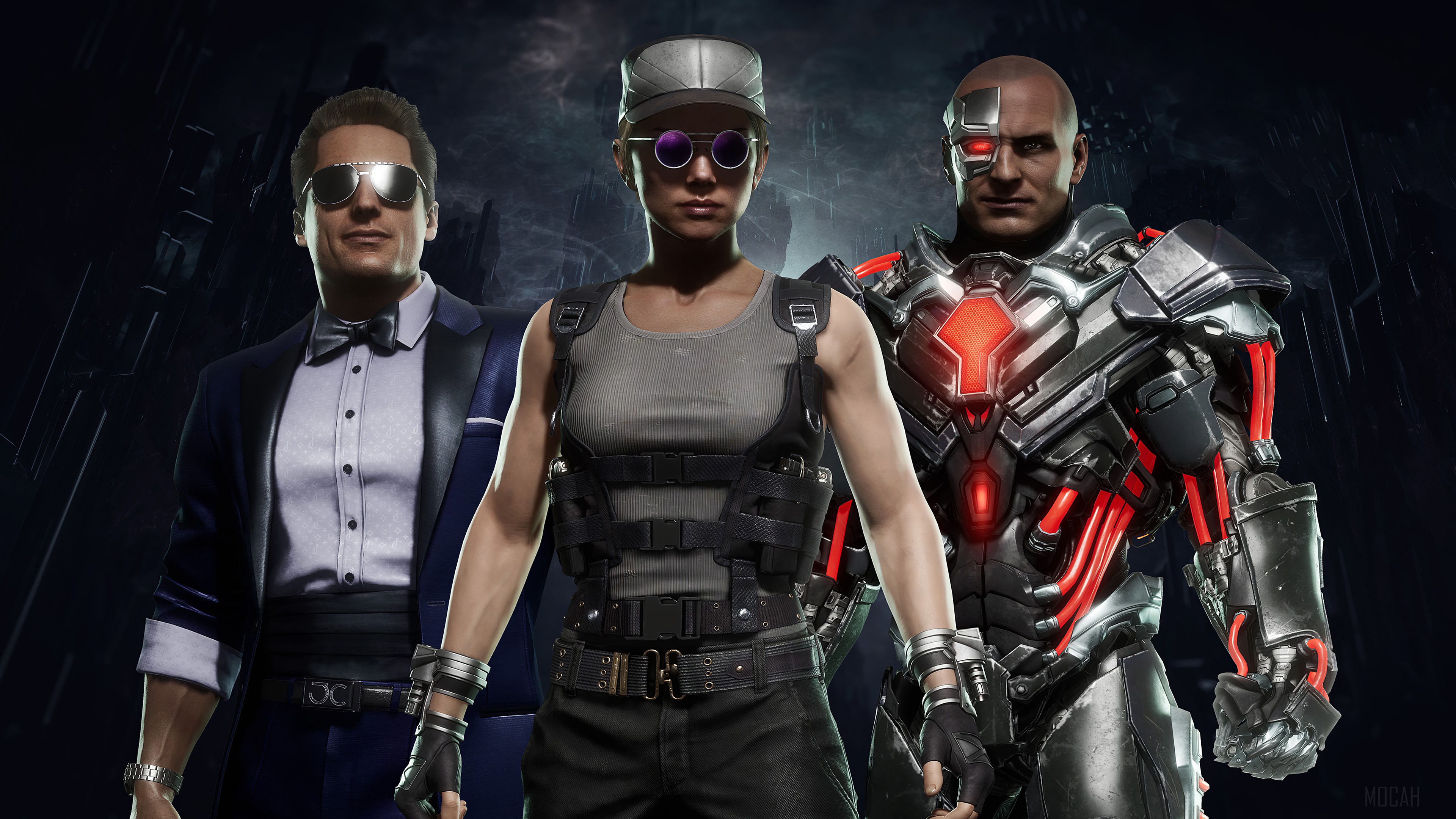 Mortal Kombat 11 characters Johnny Cage, Sonya Blade, and Kano HD Wallpaper