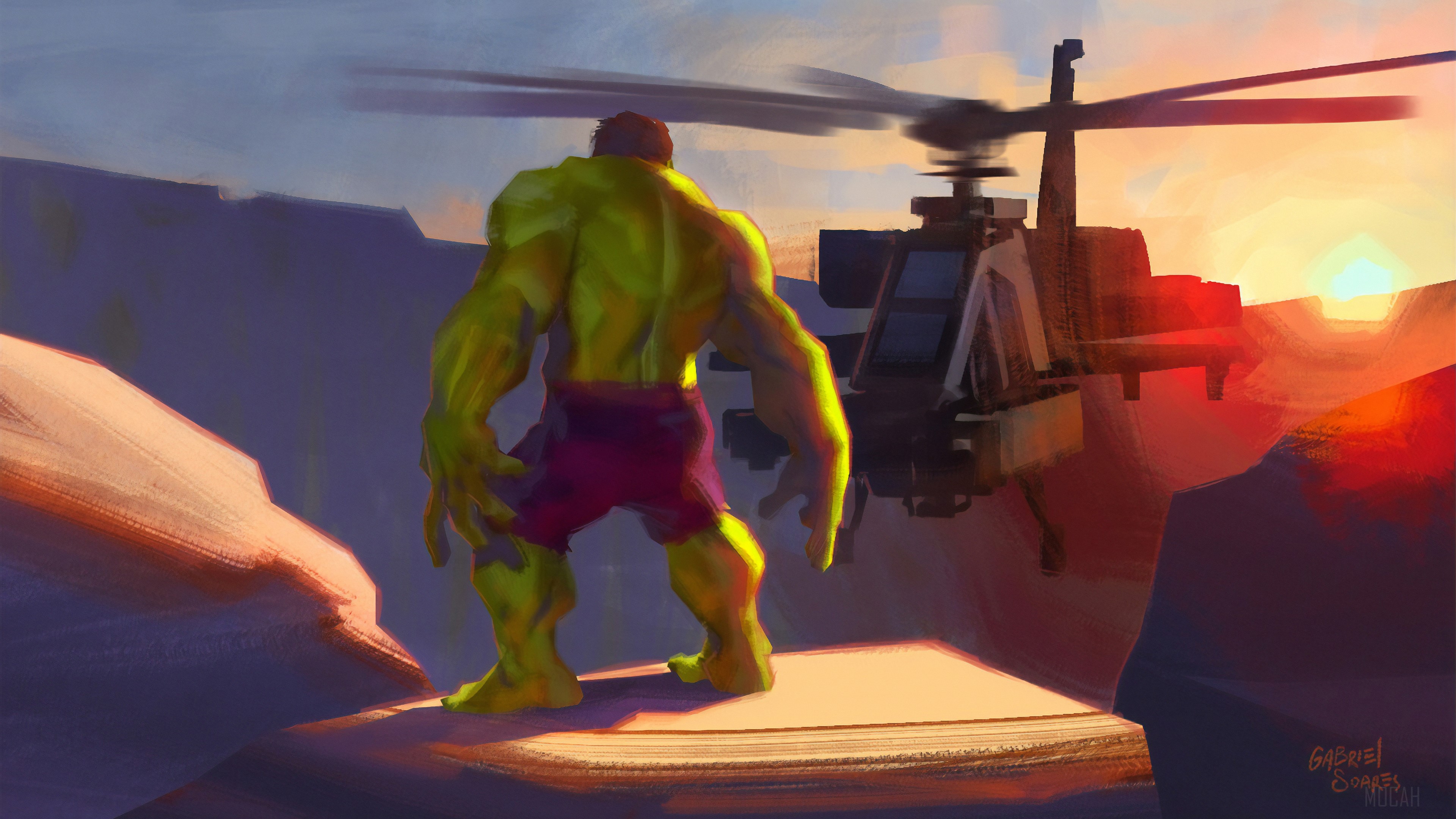 Hulk and Helicopter at Sunset 4K HD Wallpaper