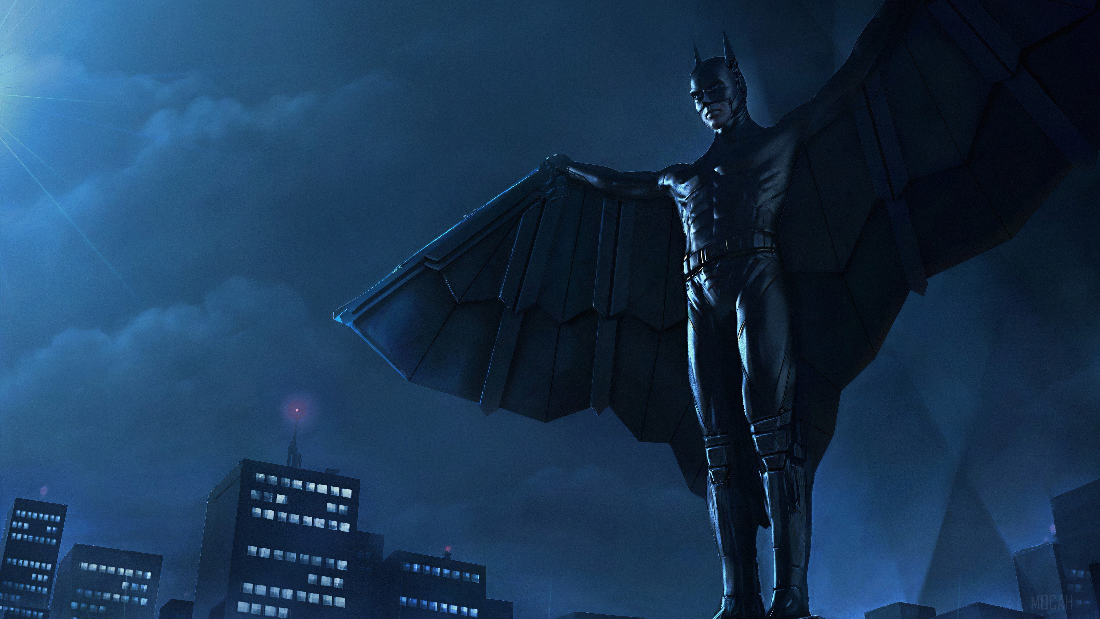 Batman statue with cape up in Gotham City 4K HD Wallpaper
