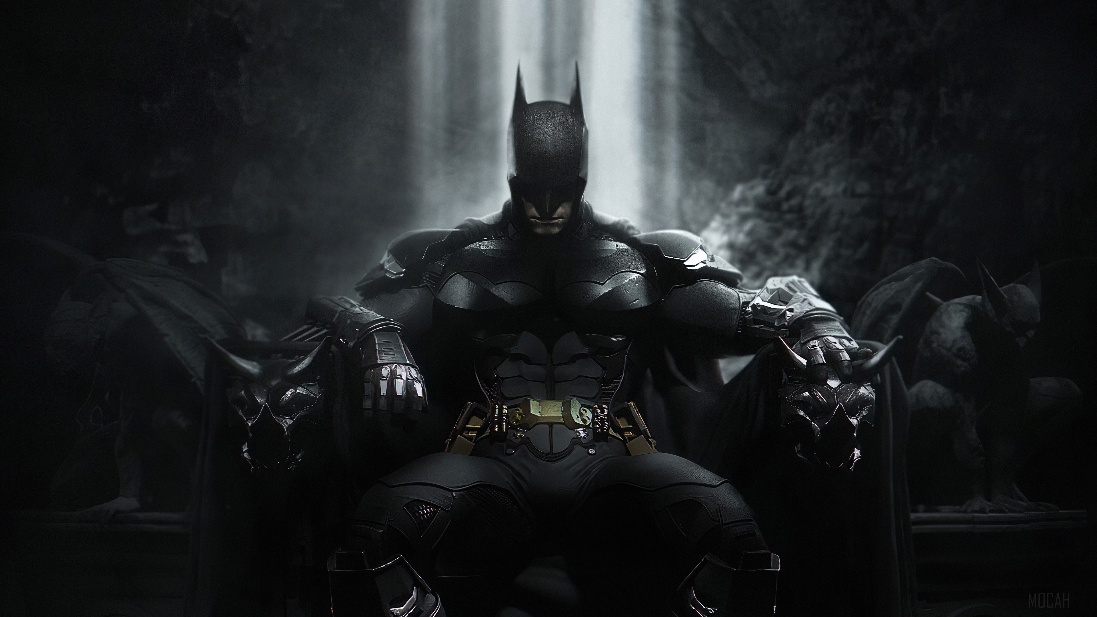 Batman sitting on a throne in a cave 4K HD Wallpaper