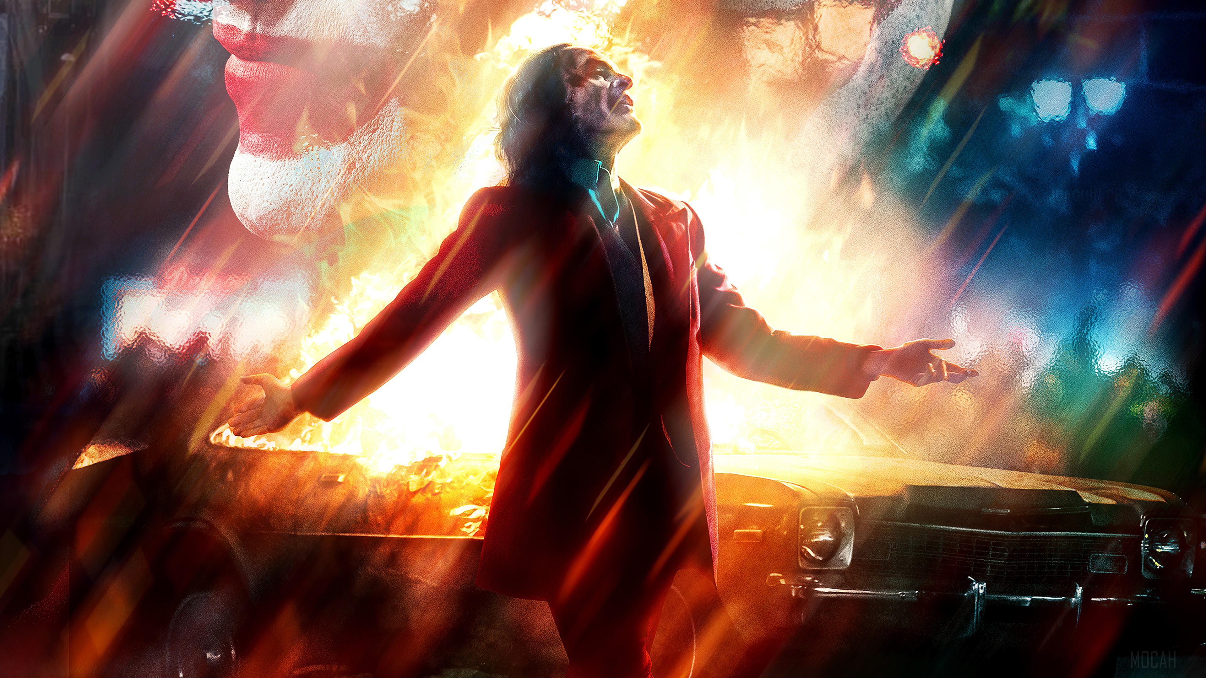Joker Standing in Front of Burning Car 4K HD Wallpaper