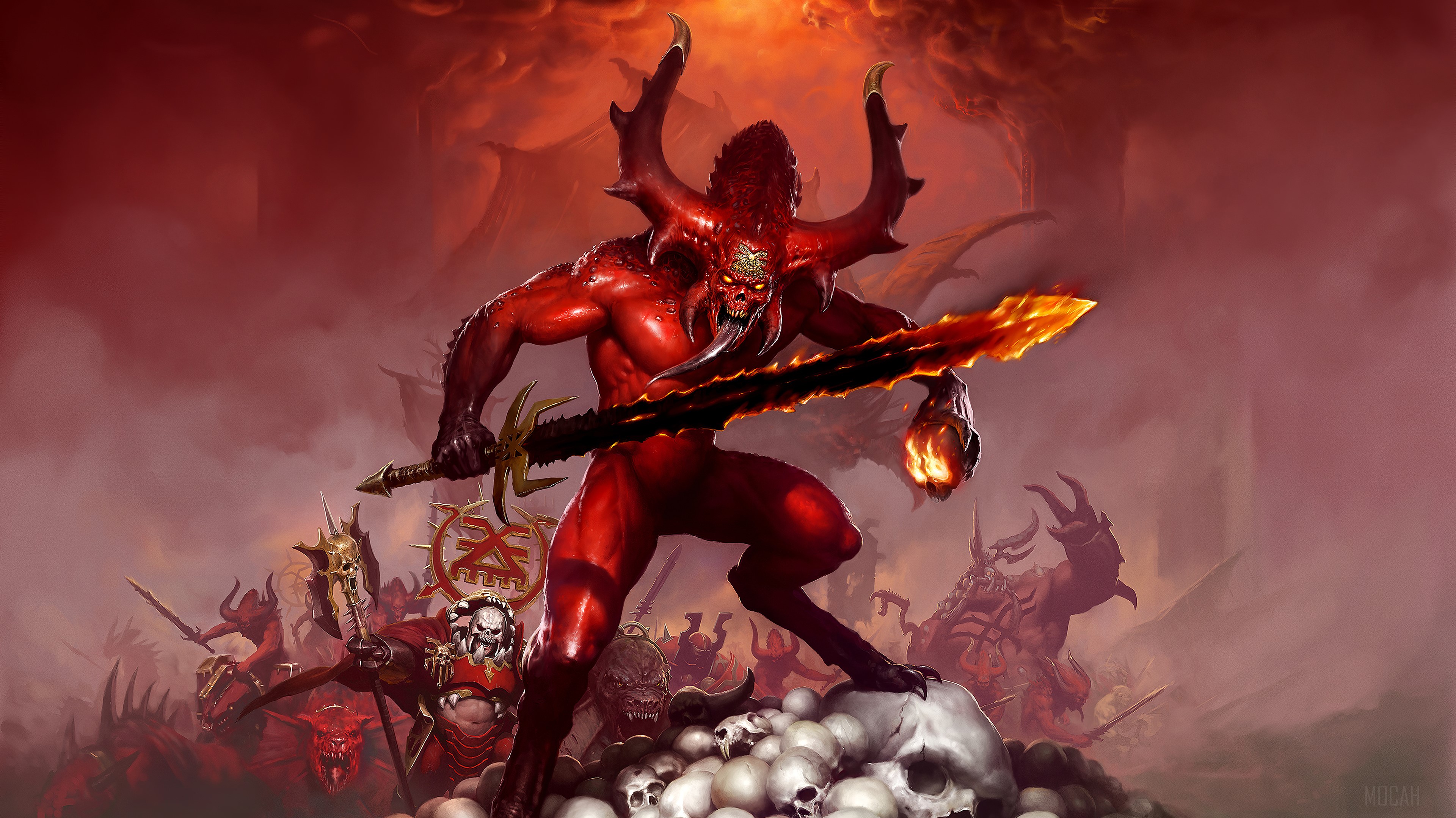 Bloodthirster with flaming sword and army of demons in Warhammer 40,000 HD Wallpaper