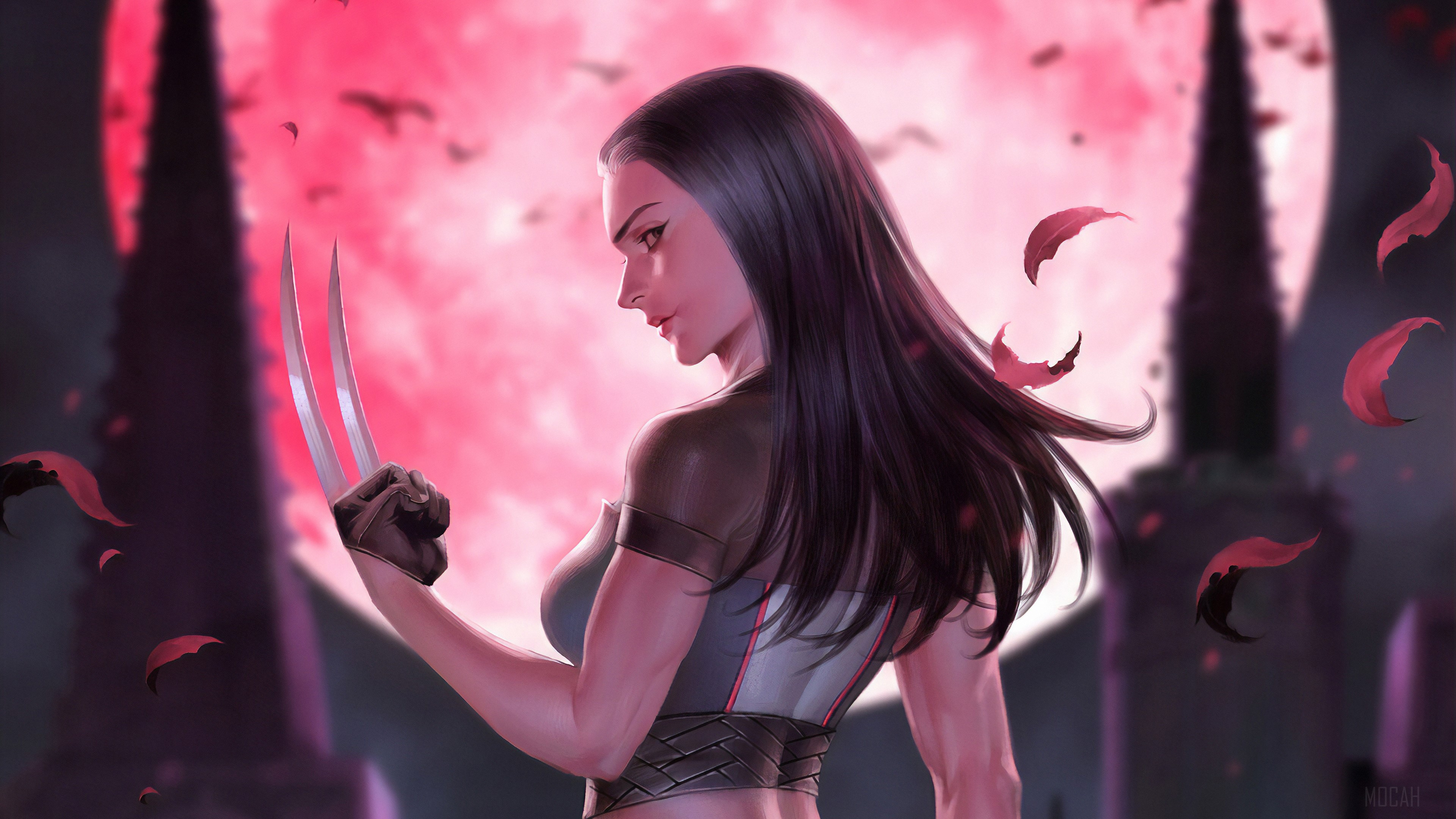 Wolverine with Claws and Pink Moon 4K HD Wallpaper