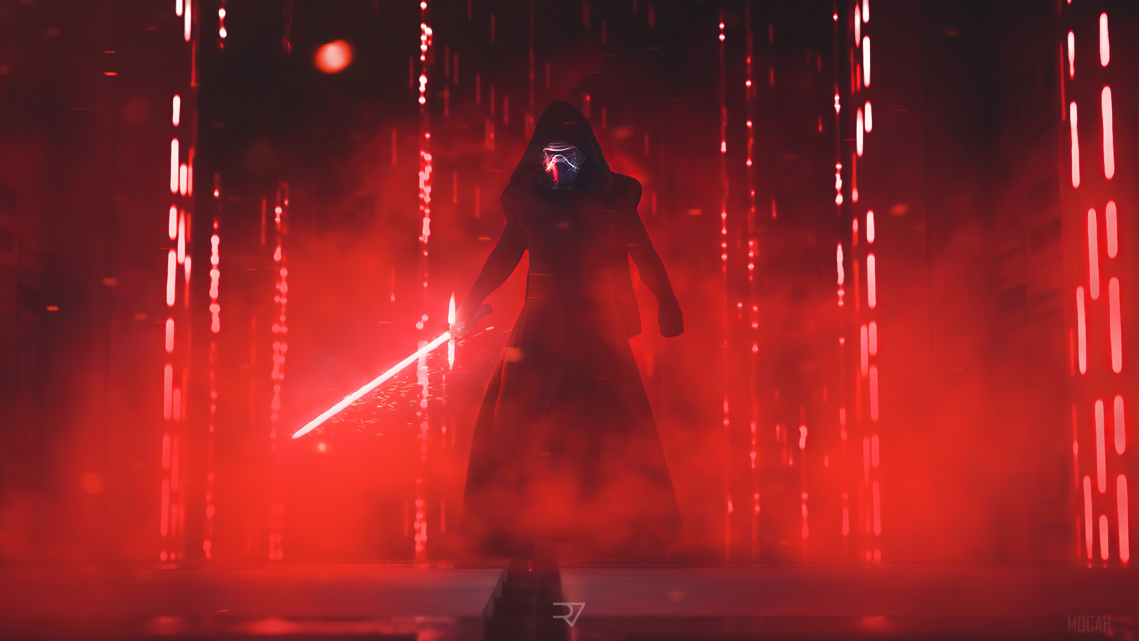 Kylo Ren from Star Wars with red lightsaber 4K HD Wallpaper