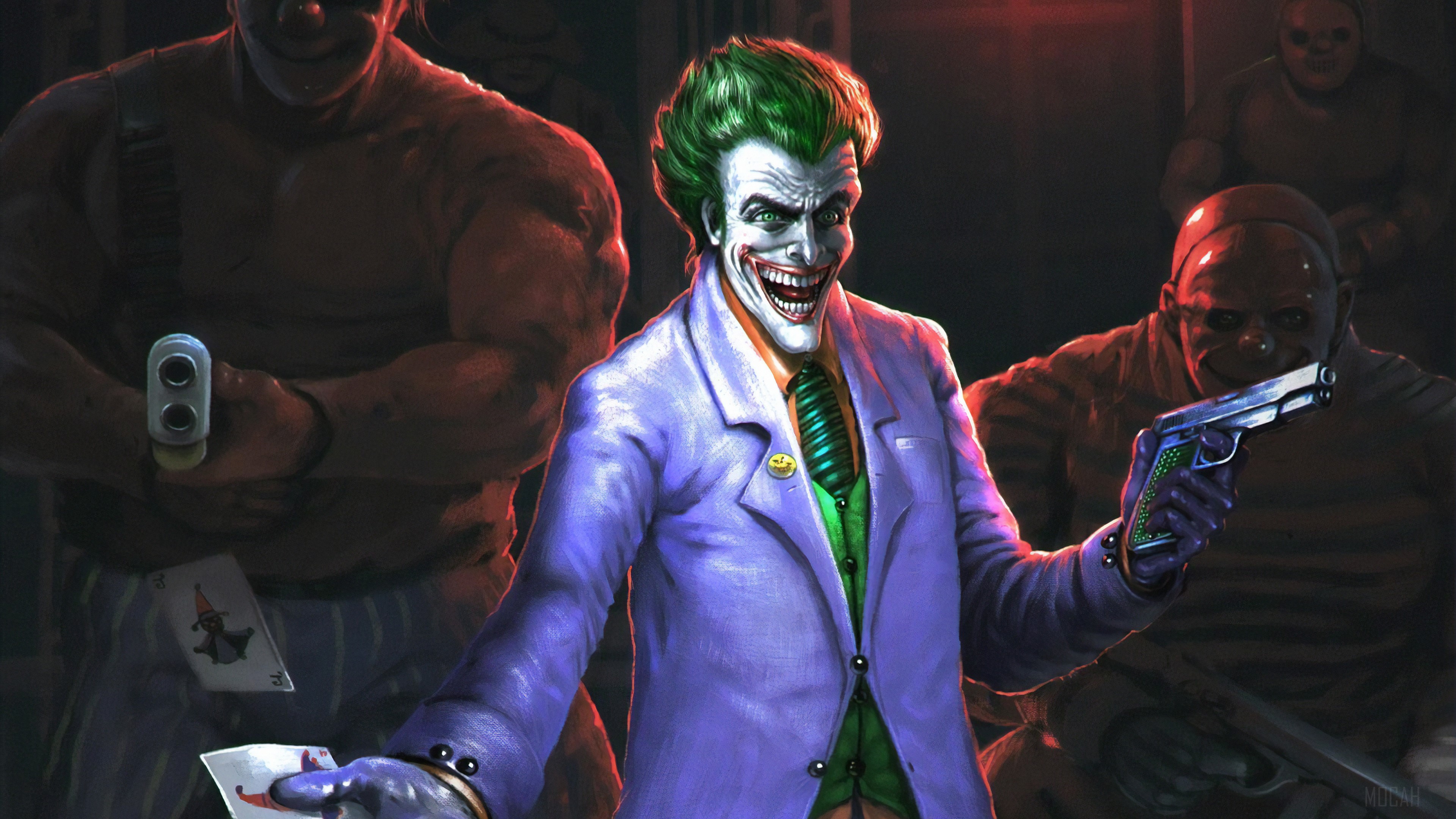 Joker with henchmen holding guns HD Wallpaper