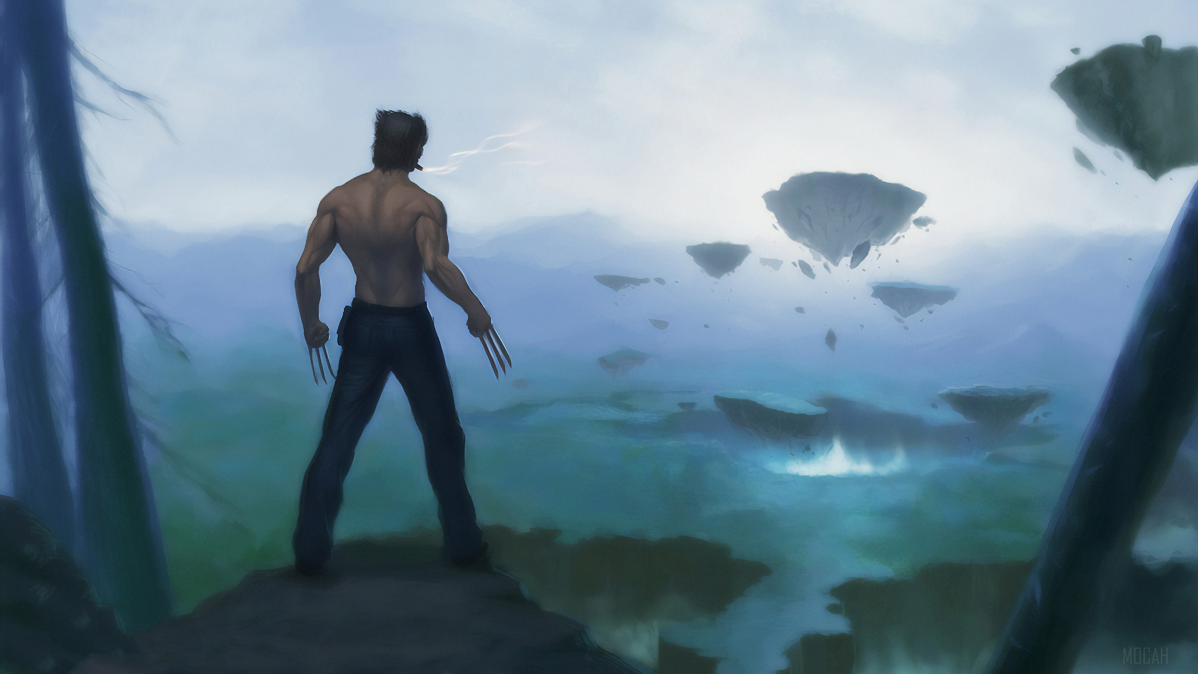 Wolverine standing on a cliff overlooking floating islands HD Wallpaper