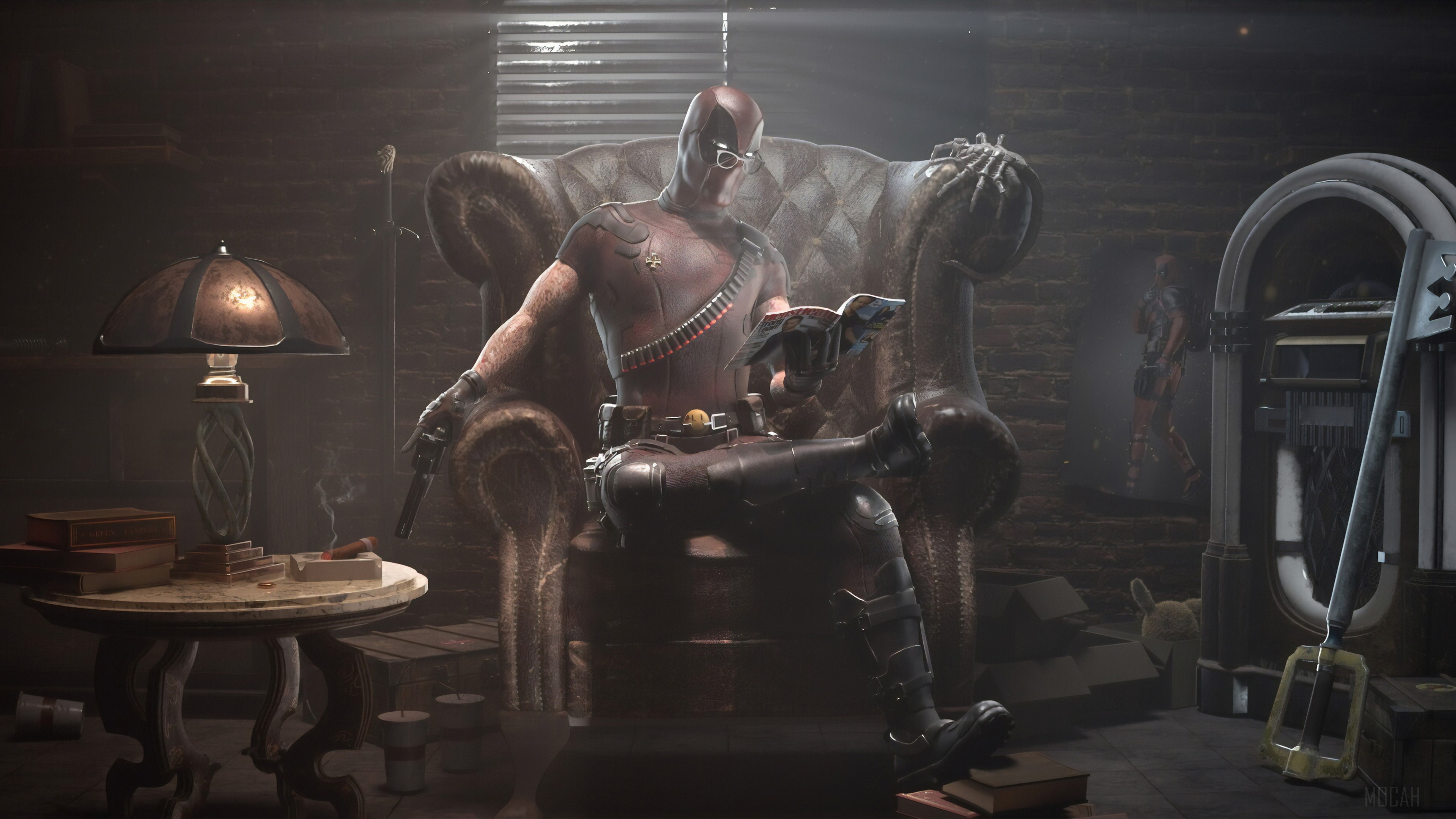 Deadpool Reading a Book with Guns 4K HD Wallpaper